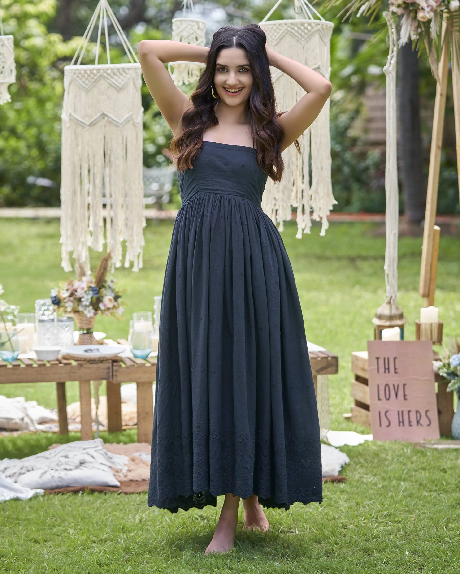 Canary Black Solid Cotton Schiffli Dress My Store