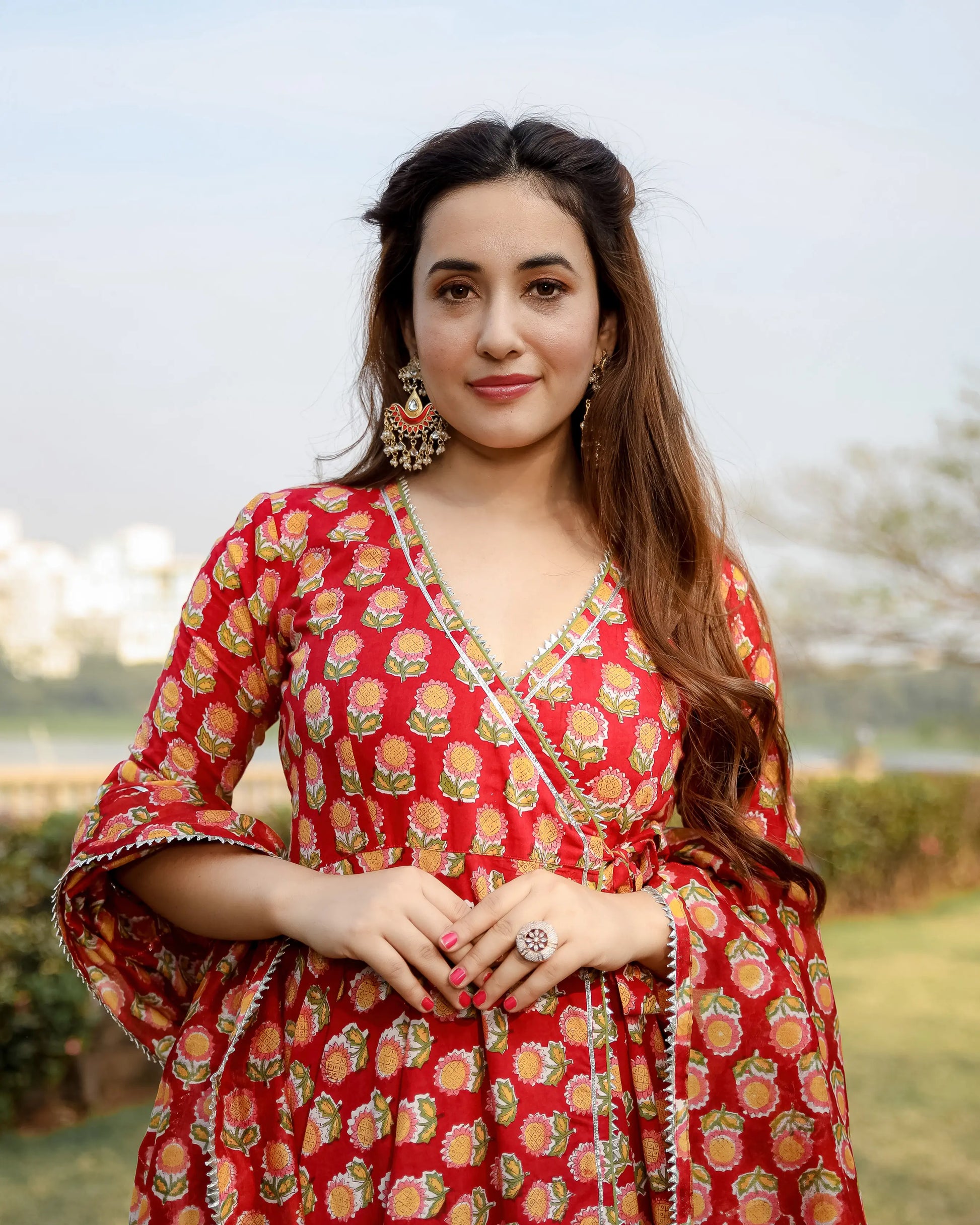 Red Rosewood Handblock Suit Set My Store