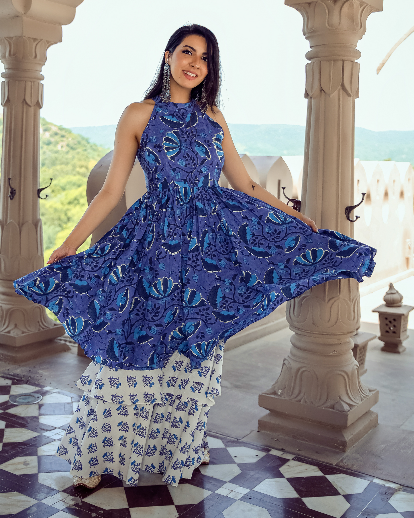 Oxford Blue Handblock Kurta Set Quick Cart