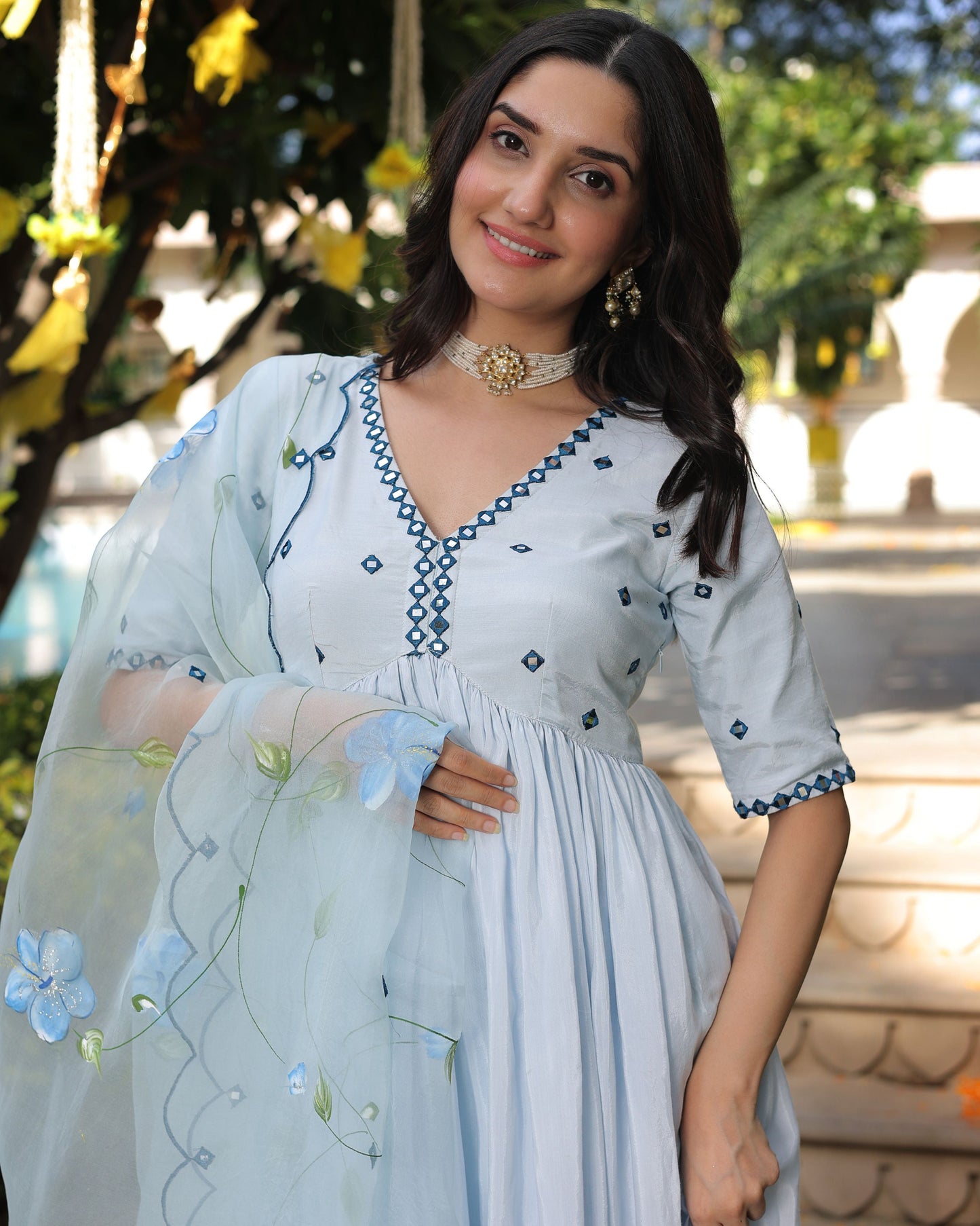 Blue Blossom Handpainted Cotton Silk Suit Set Quick Cart