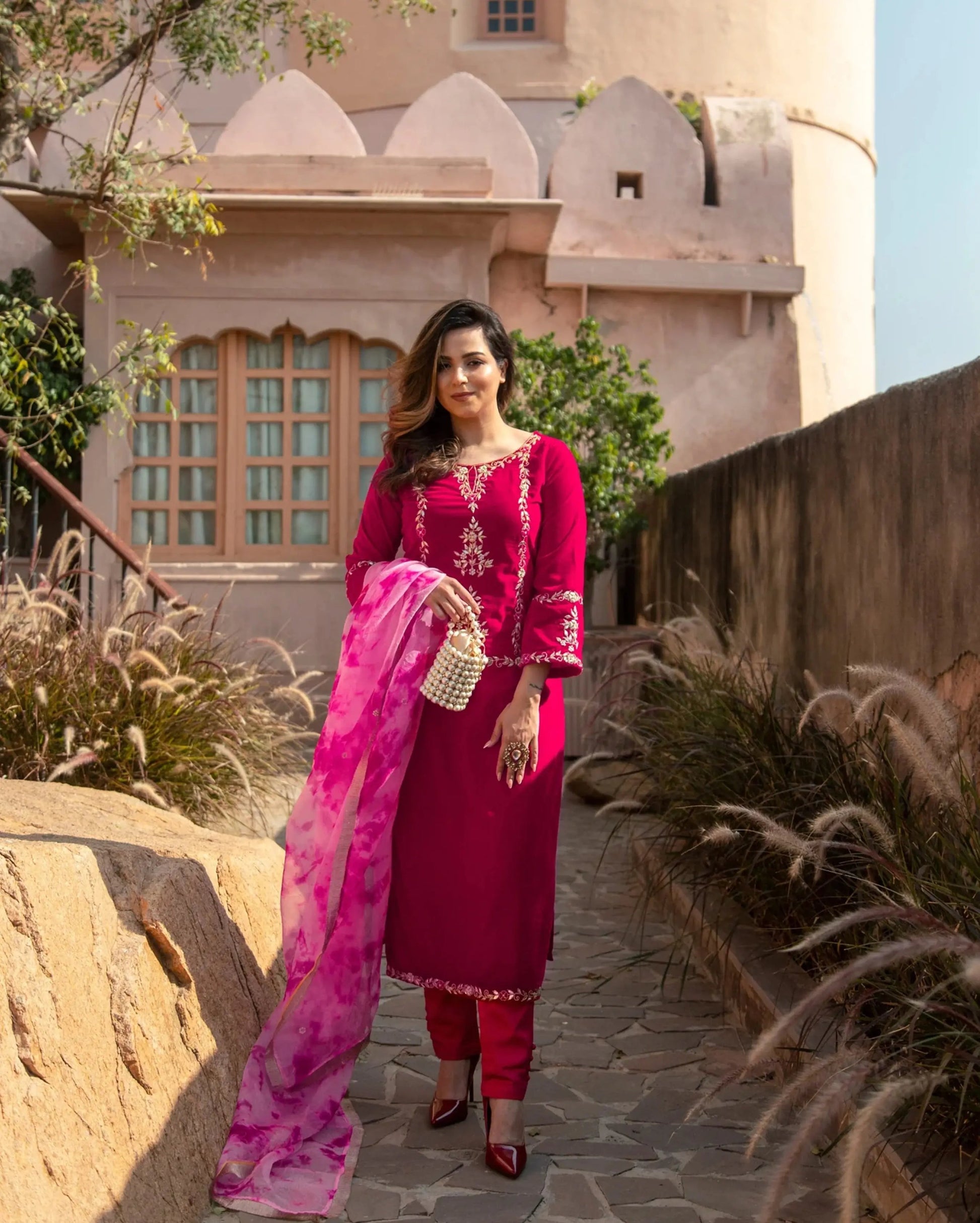 Pink Paradise Velvet Handcrafted Suit Set My Store