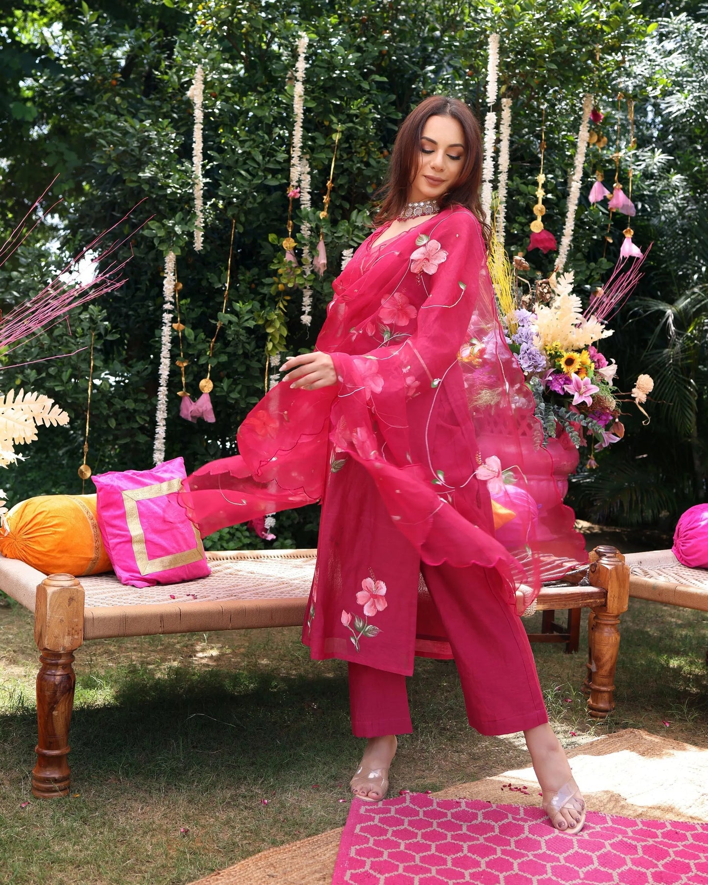 Berry Bliss Magenta Handpainted Chanderi Suit Set My Store