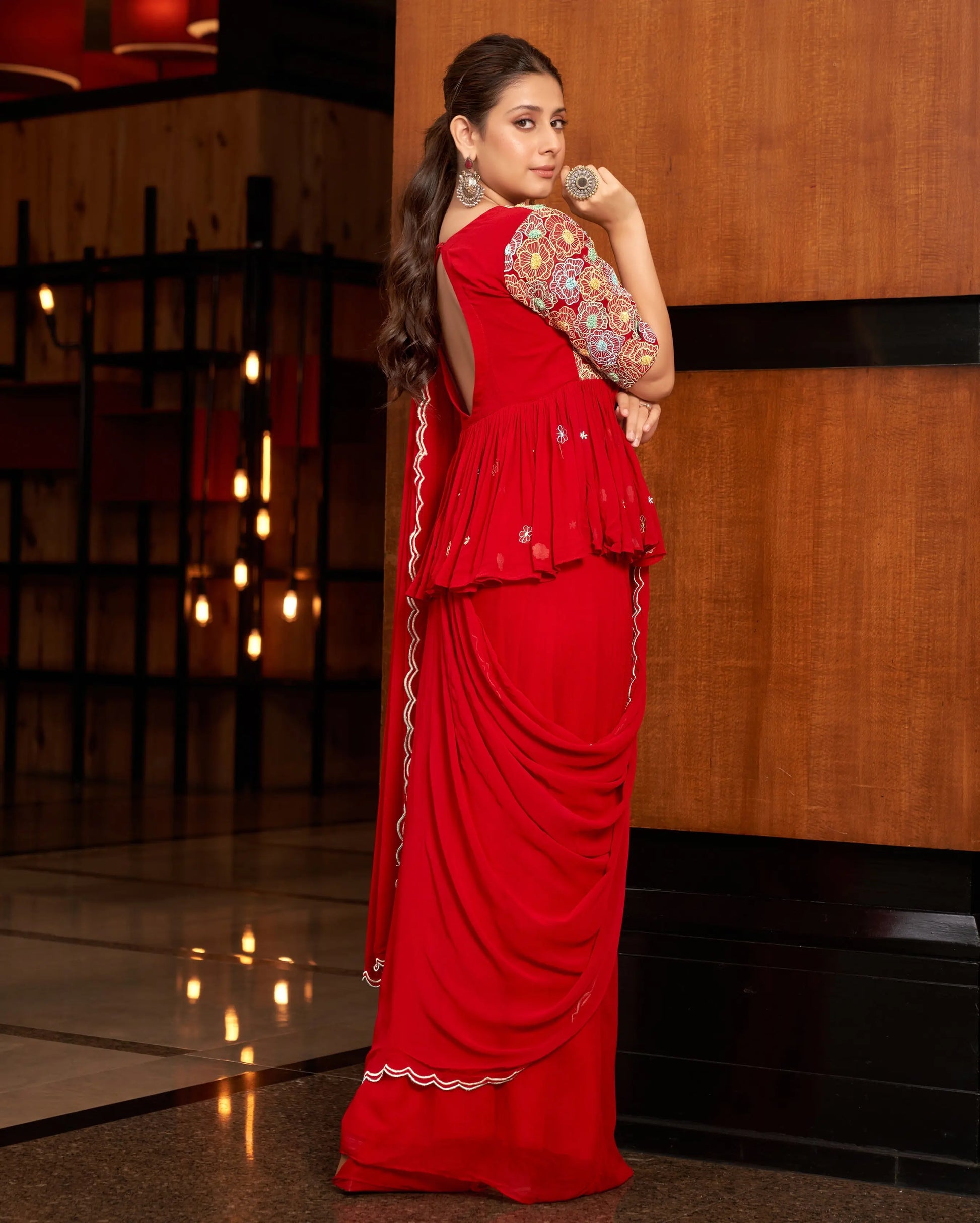 Phool Red Embroidered Georgette Pre Draped Saree My Store