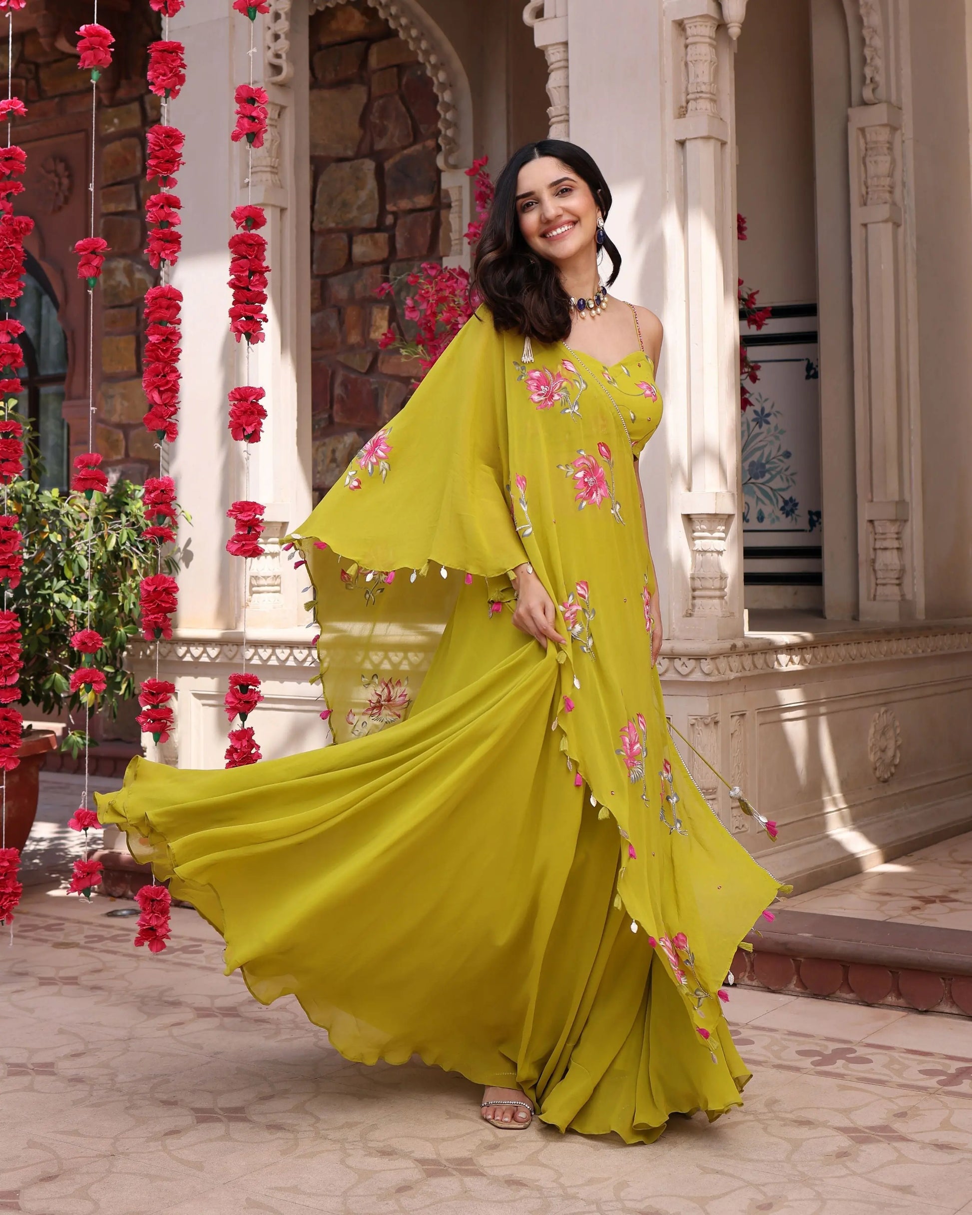 Cyber Lime Floral Handpainted Georgette Fusion Wear My Store