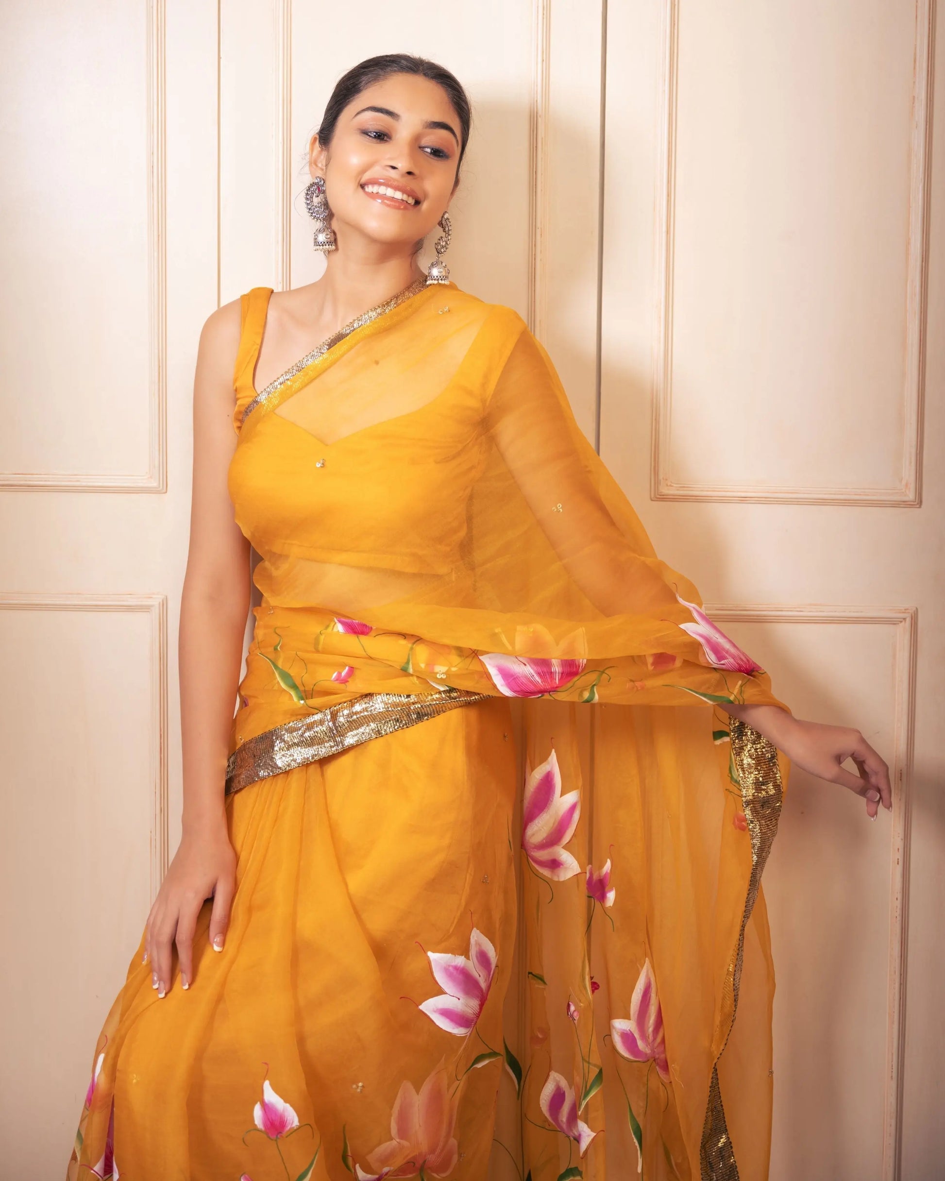 Surya Handpainted Gota Pure Organza Saree My Store