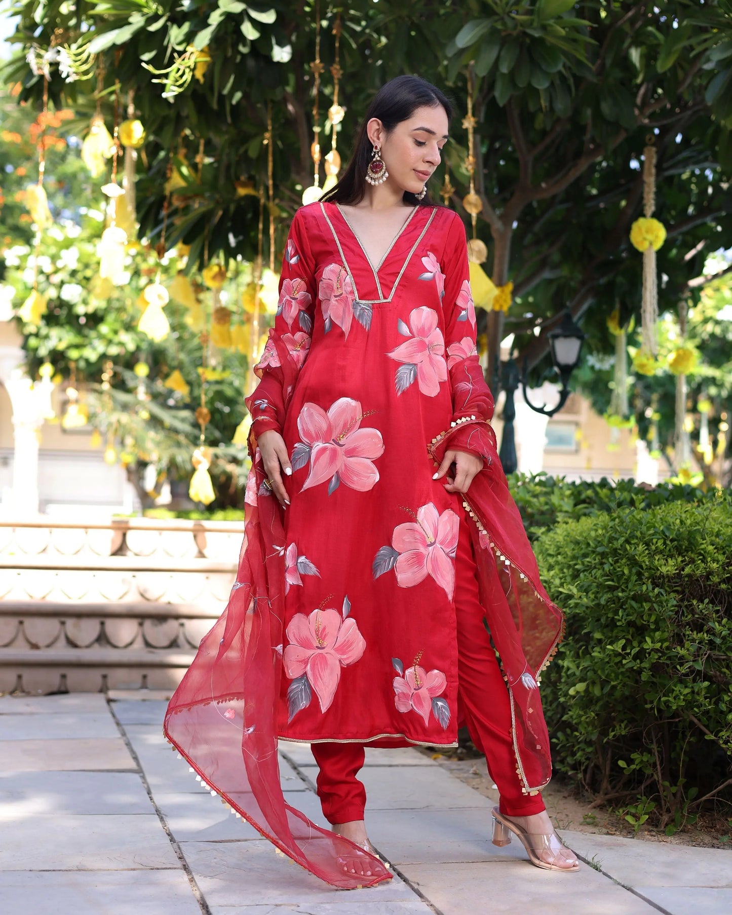 Raspberry Blush Red Handpainted Satin Suit Set My Store