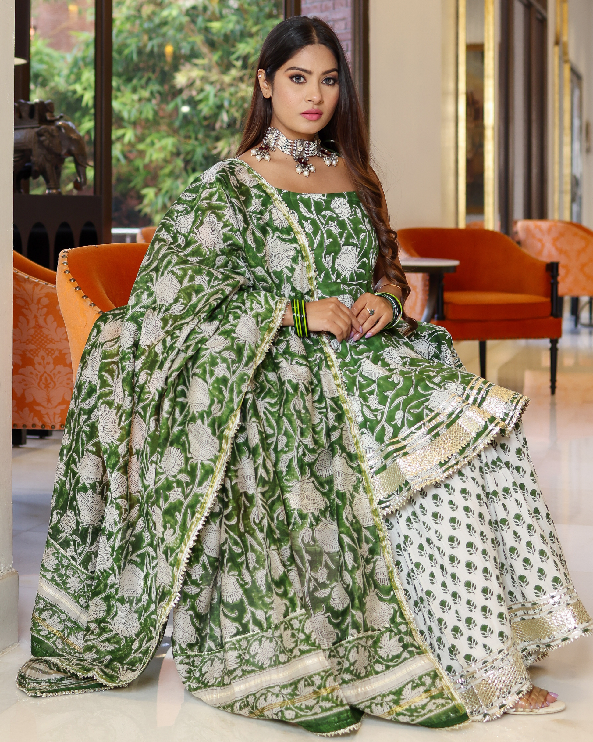Green Butterfly Handblock Sharara Set My Store
