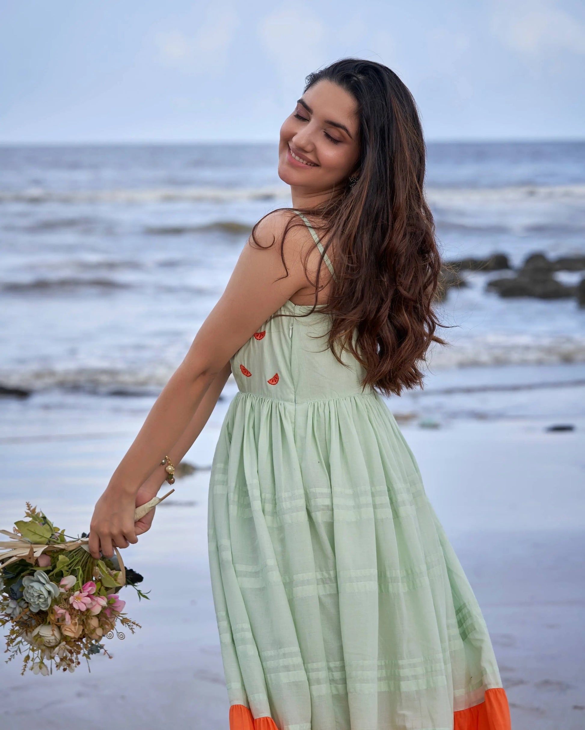 Tangerine Green Orange Colour Blocking Embroidered Cotton Dress My Store