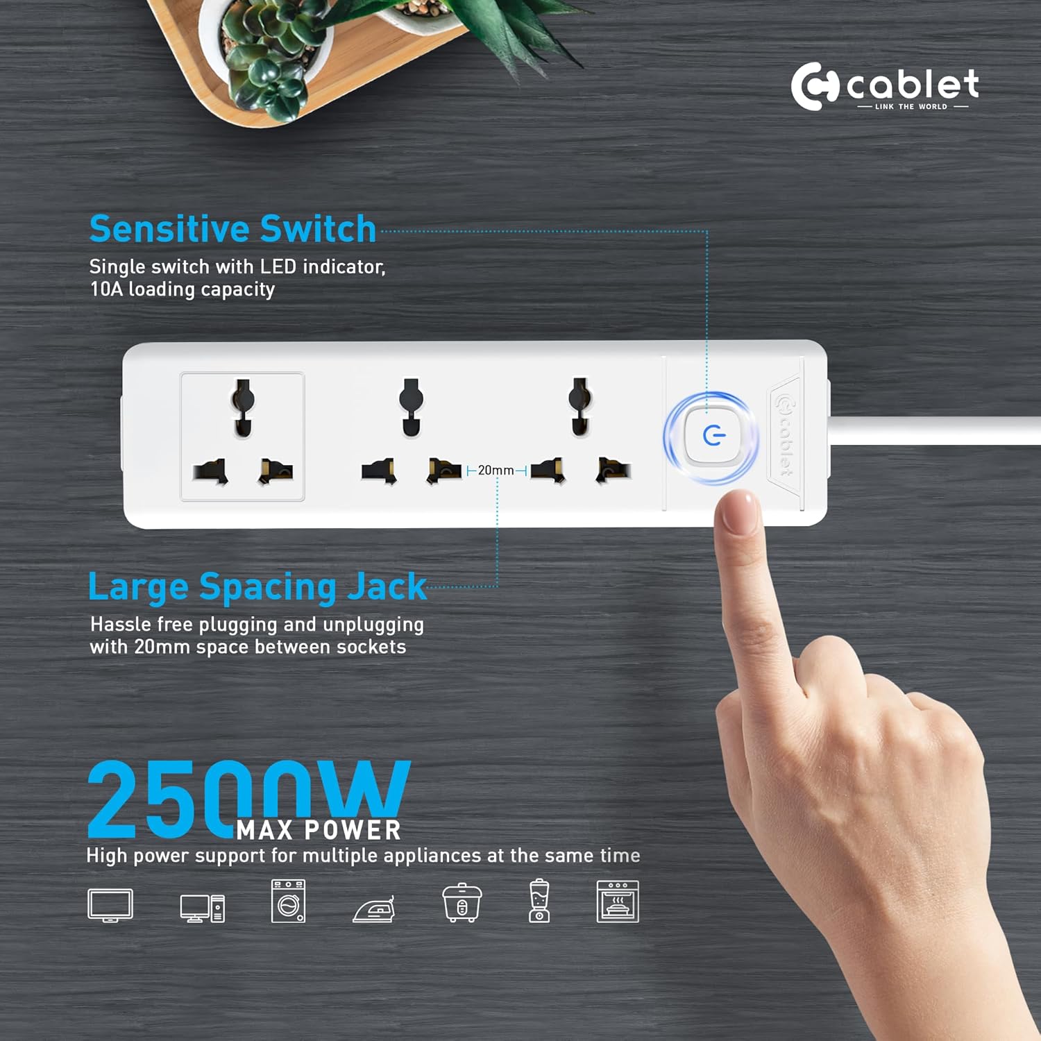 Cablet 3010-18, 3-Socket (2500W) Extension Board with 1.8M Cable