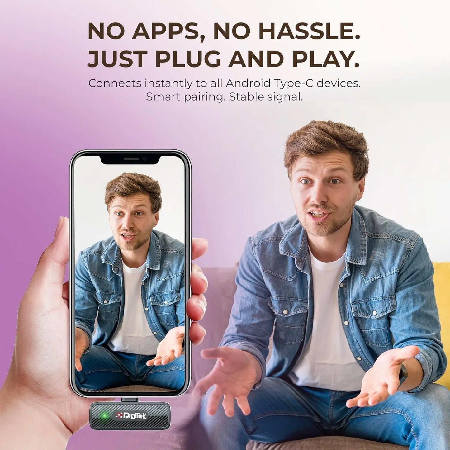 Digitek DWM-006 PRO Wireless Microphone & Receiver with Type-C Connector, 2.4GHz Frequency, 4Hr Battery, 20m Range, For Android Phone