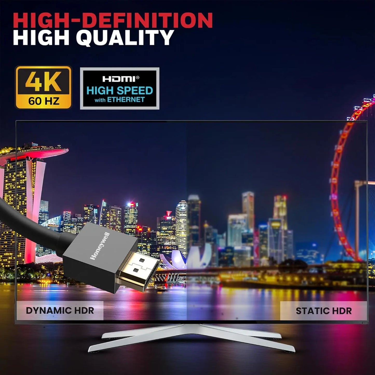 Honeywell HDMI Cable v2.0 with Ethernet, 3D/4K@60Hz Ultra HD Resolution, 3 Mtr, 18 GBPS Transmission Speed, High Speed, Compatible with all HDMI Devices Laptop Desktop TV Set-top Box Gaming Console