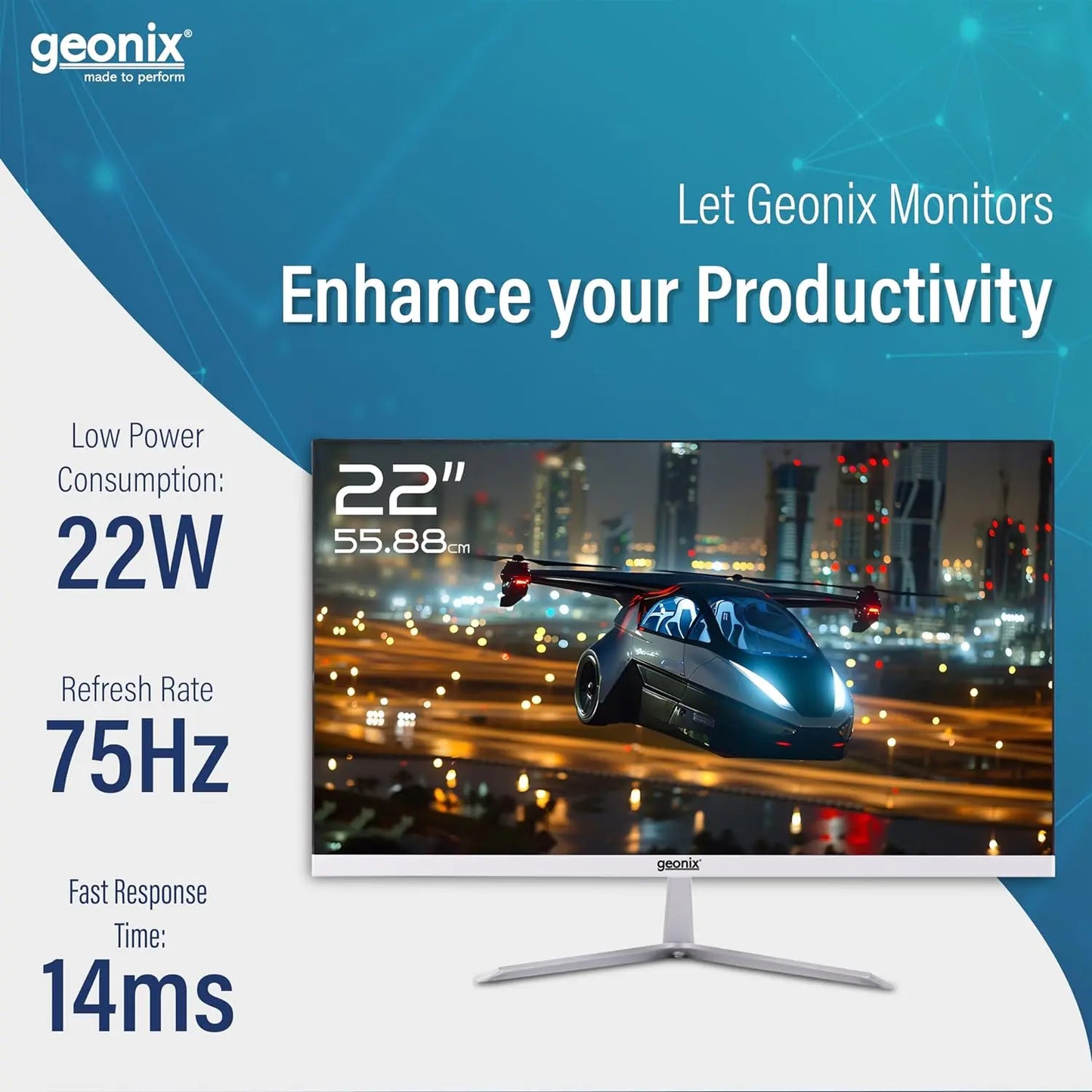 GEONIX 22 Inch 1920 x 1080 Full HD VA Panel Borderless 75Hz 3ms HDMI VGA Monitor (White) My Store