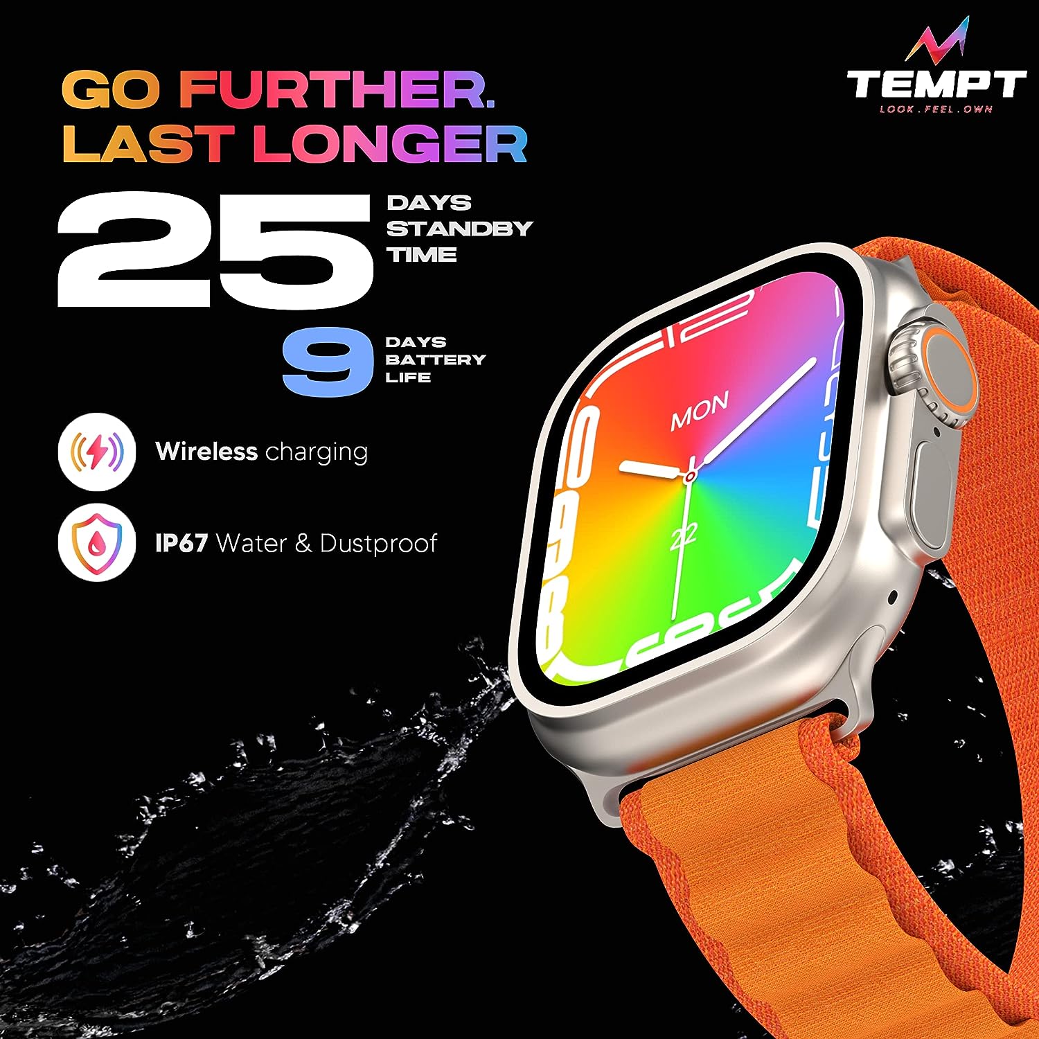 Tempt  Verge Pro Smart Watch 2.01" IPS Display, Multiple Watch Faces, Fitness Tracker for Android & iOS Sport Modes Orange