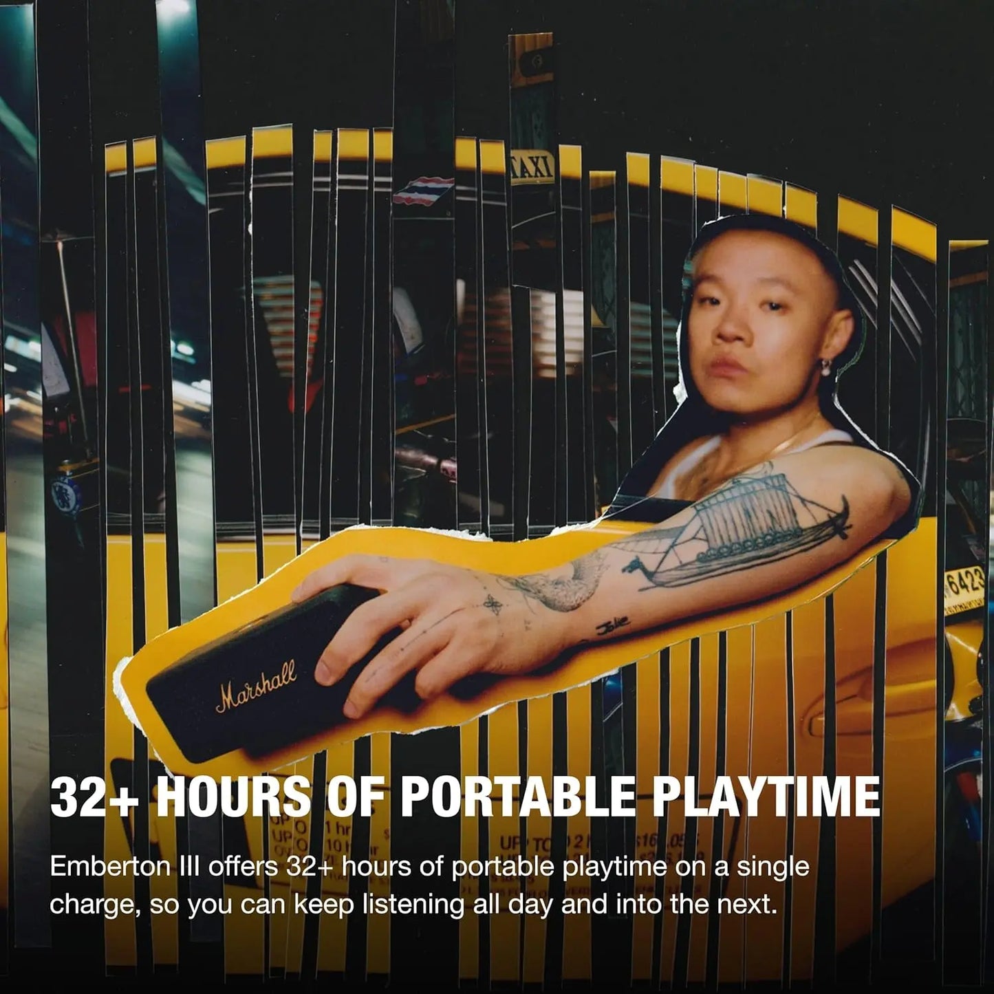 Marshall Emberton III Compact Portable Bluetooth Speaker with 32+ Hours of Playtime, 360° Sound, Dust & Waterproof (IP67) – Black & Brass.