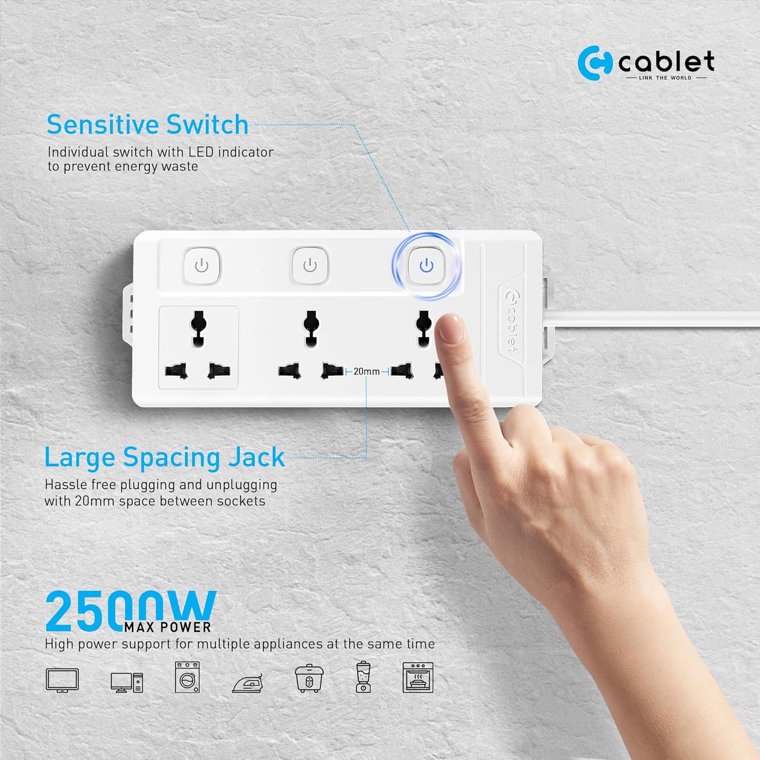 Cablet 3 Socket 3 Switch 4.5m Spike  3030-45