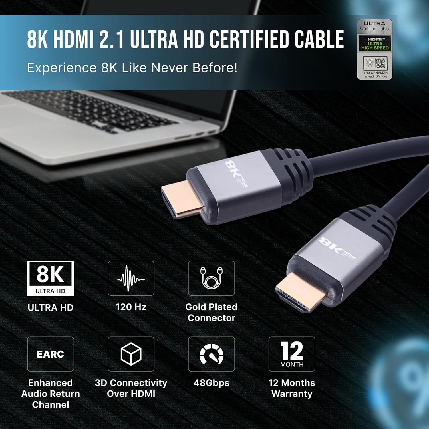 Nextech NC105 8K HDMI 2.1 Ultra HD Certified Fibre Cable with 8K@60Hz, 4K@120Hz, High Speed 48Gbps, eARC, 3D connectitiy, Compatible with All HDMI Devices, TV Set-top Box, Gaming Console (5 Meters)