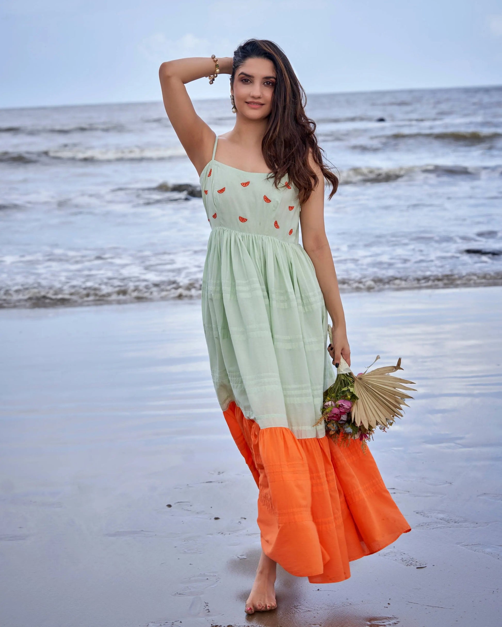 Tangerine Green Orange Colour Blocking Embroidered Cotton Dress My Store