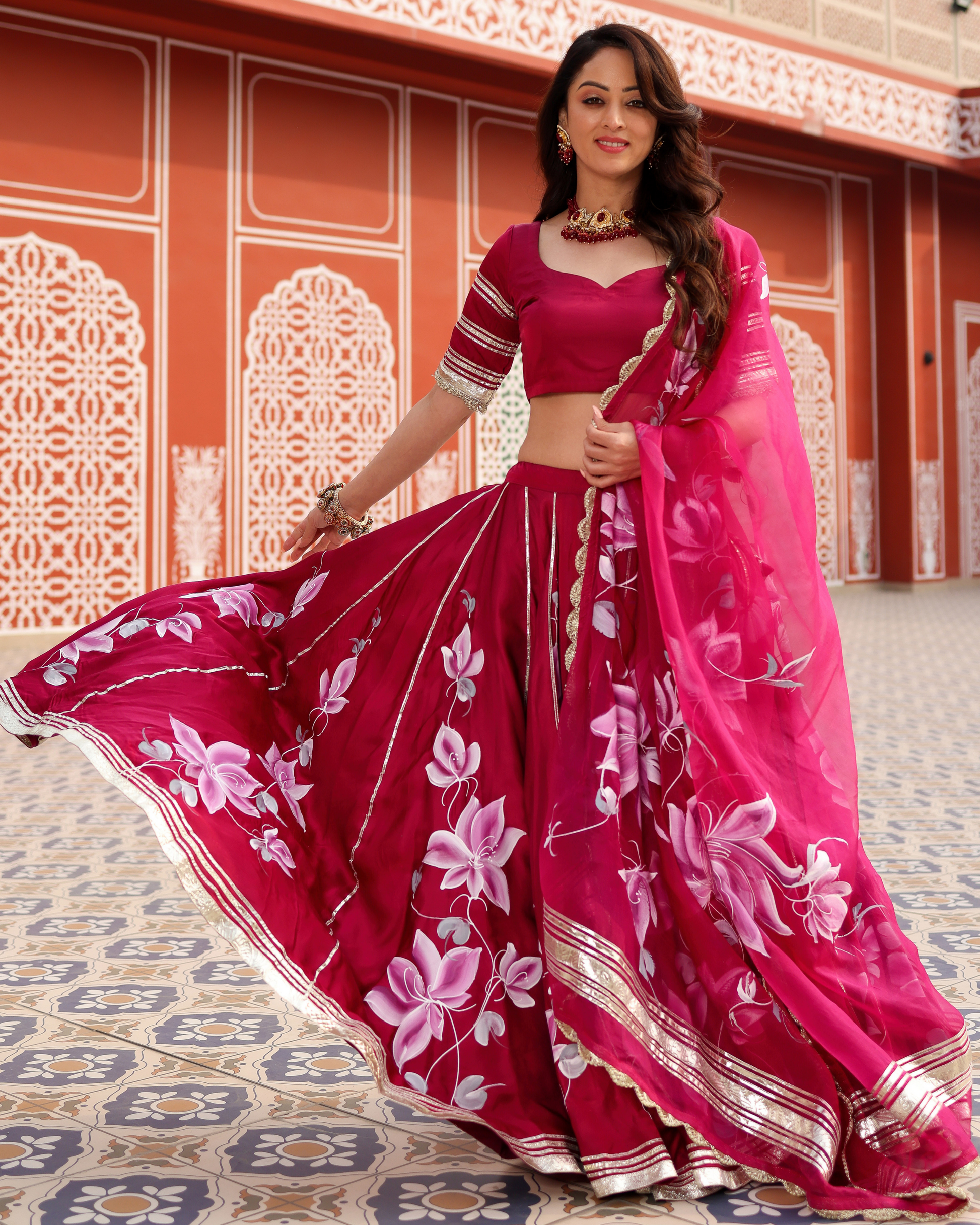 Magenta Pink Handpainted Lehenga Set Quick Cart