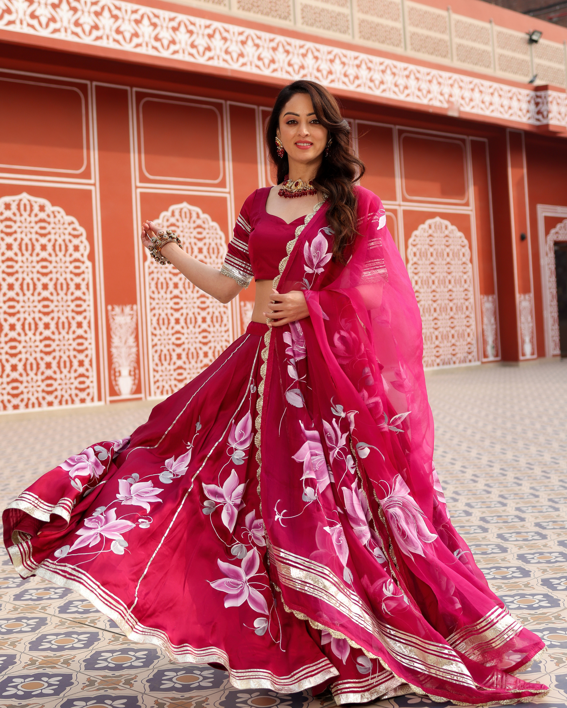 Magenta Pink Handpainted Lehenga Set Quick Cart