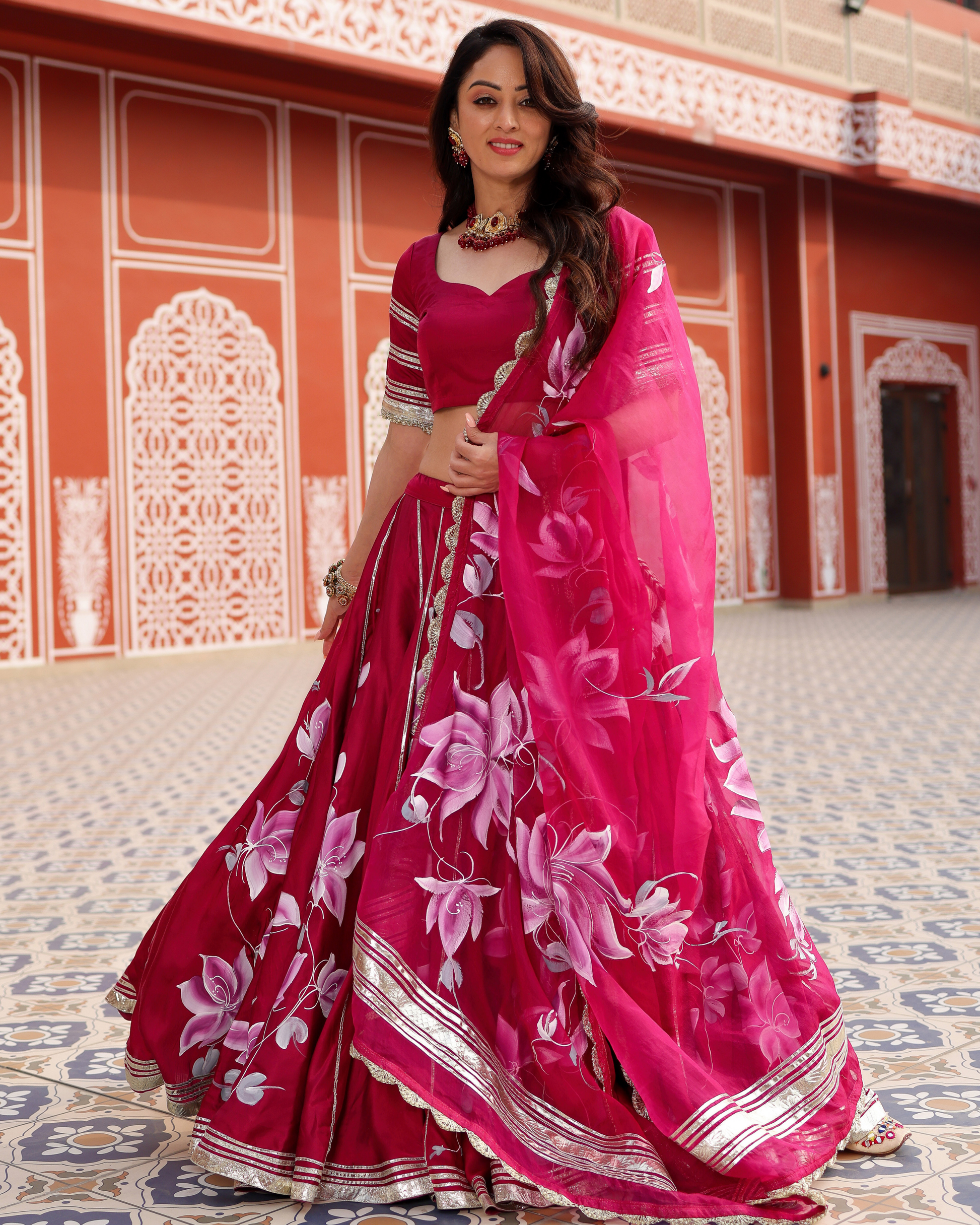Magenta Pink Handpainted Lehenga Set Quick Cart