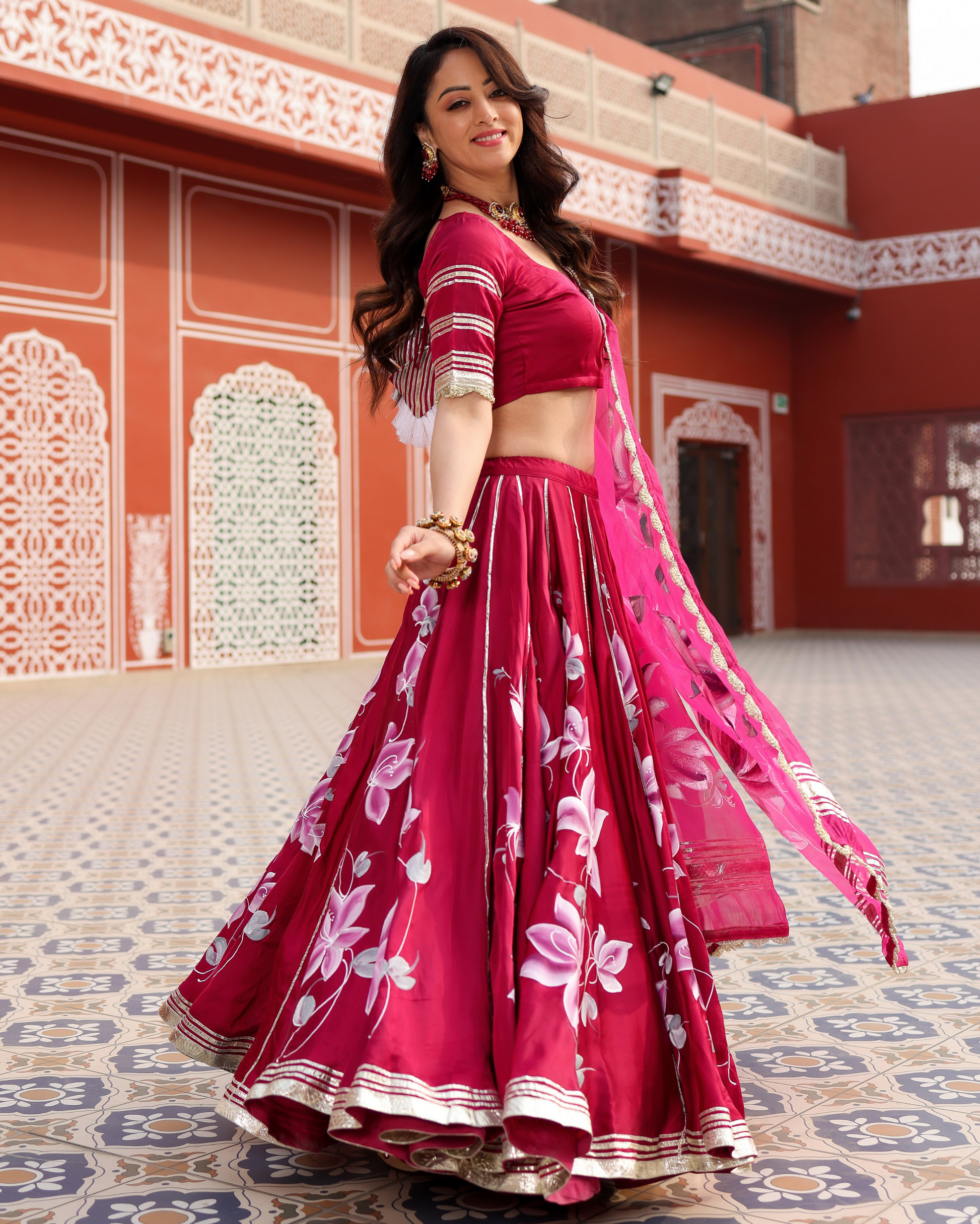 Magenta Pink Handpainted Lehenga Set Quick Cart