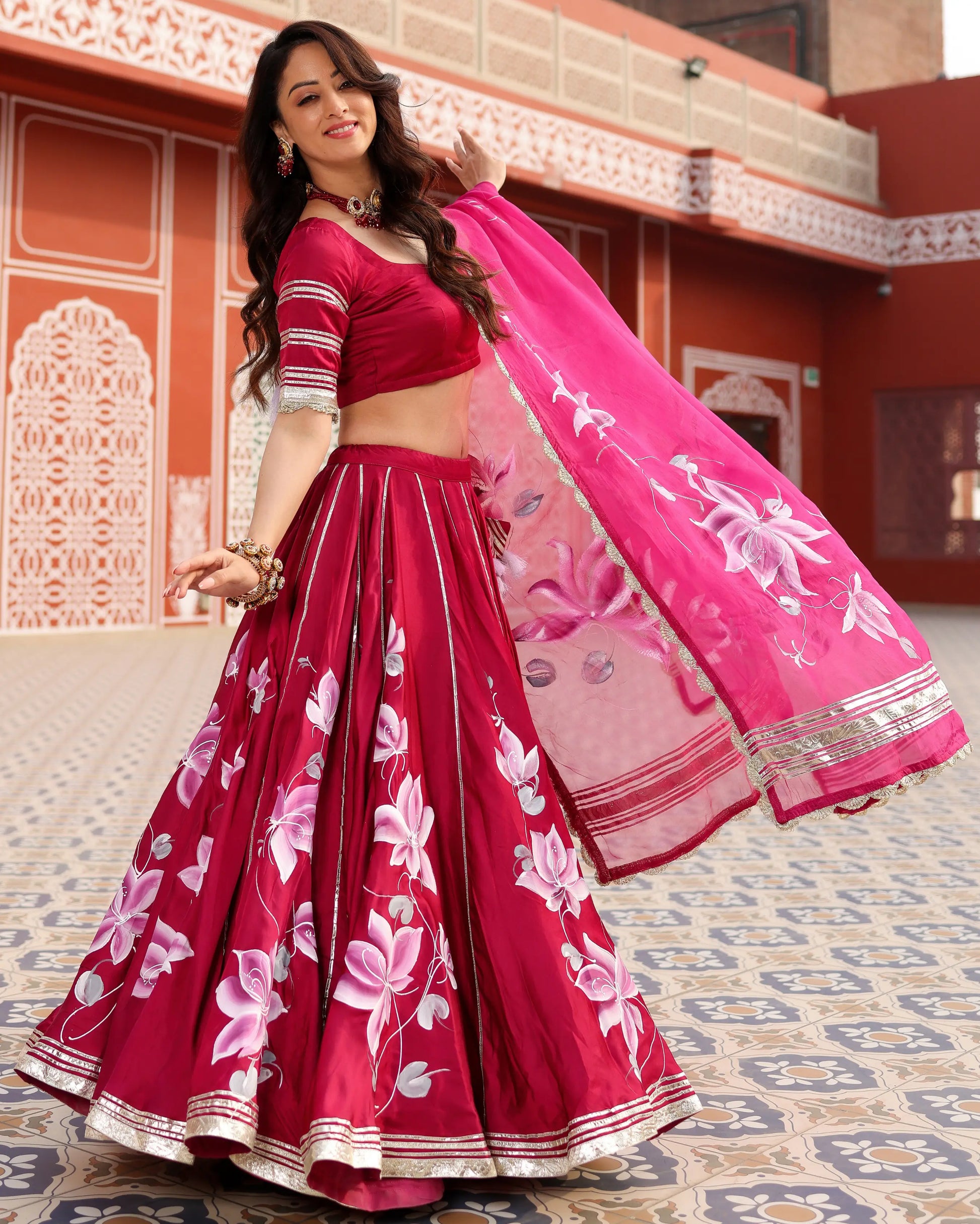 Magenta Pink Handpainted Lehenga Set My Store