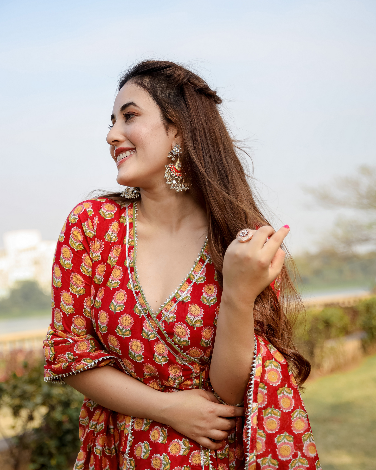 Red Rosewood Handblock Suit Set My Store