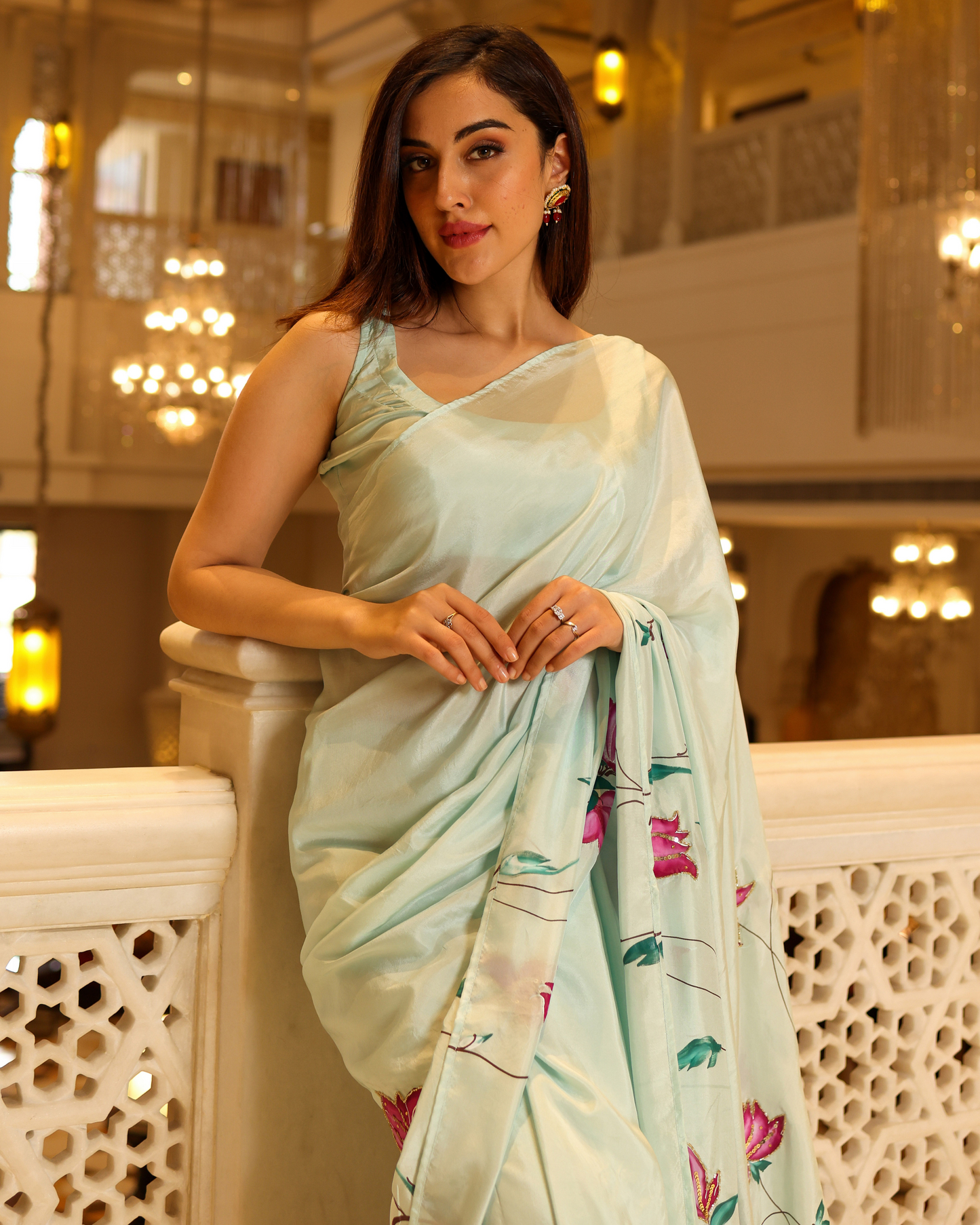 Green Cardamom Handpainted Silk Saree My Store