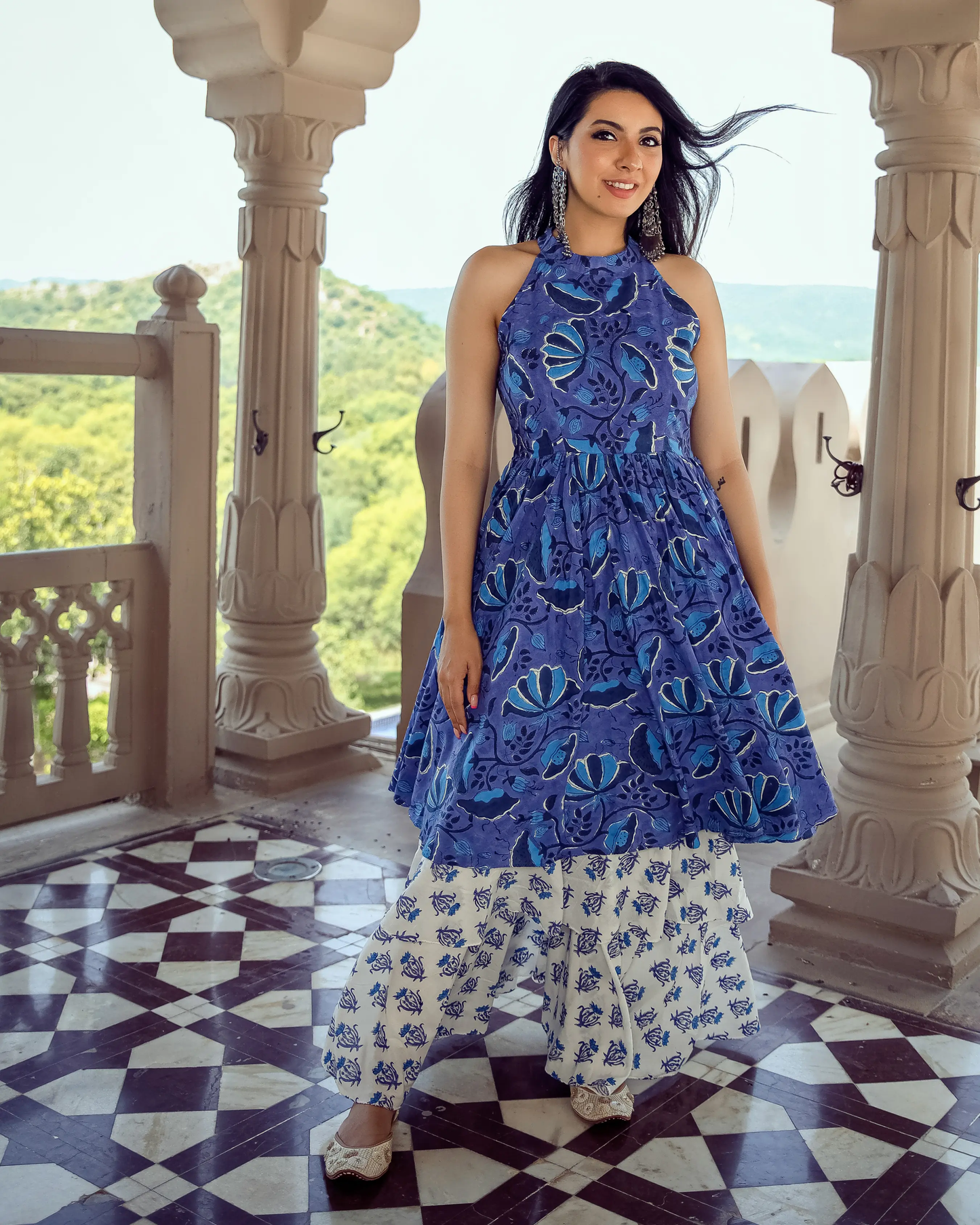 Oxford Blue Handblock Kurta Set My Store