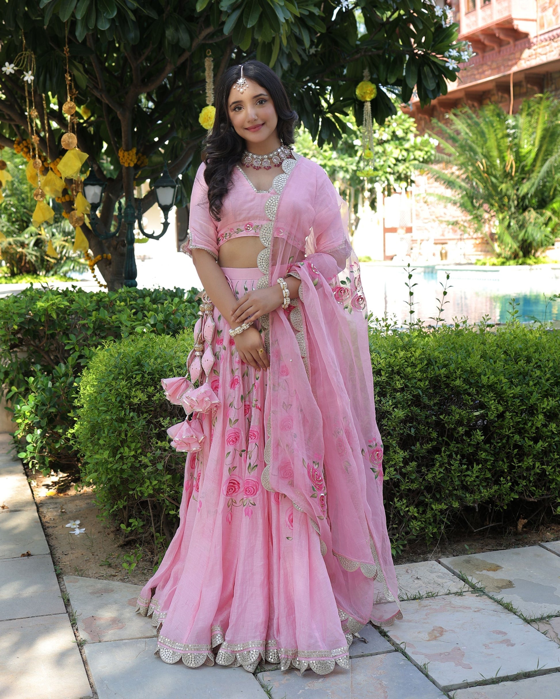 Dewberry Pink Handpainted Chanderi Lehenga Set Quick Cart