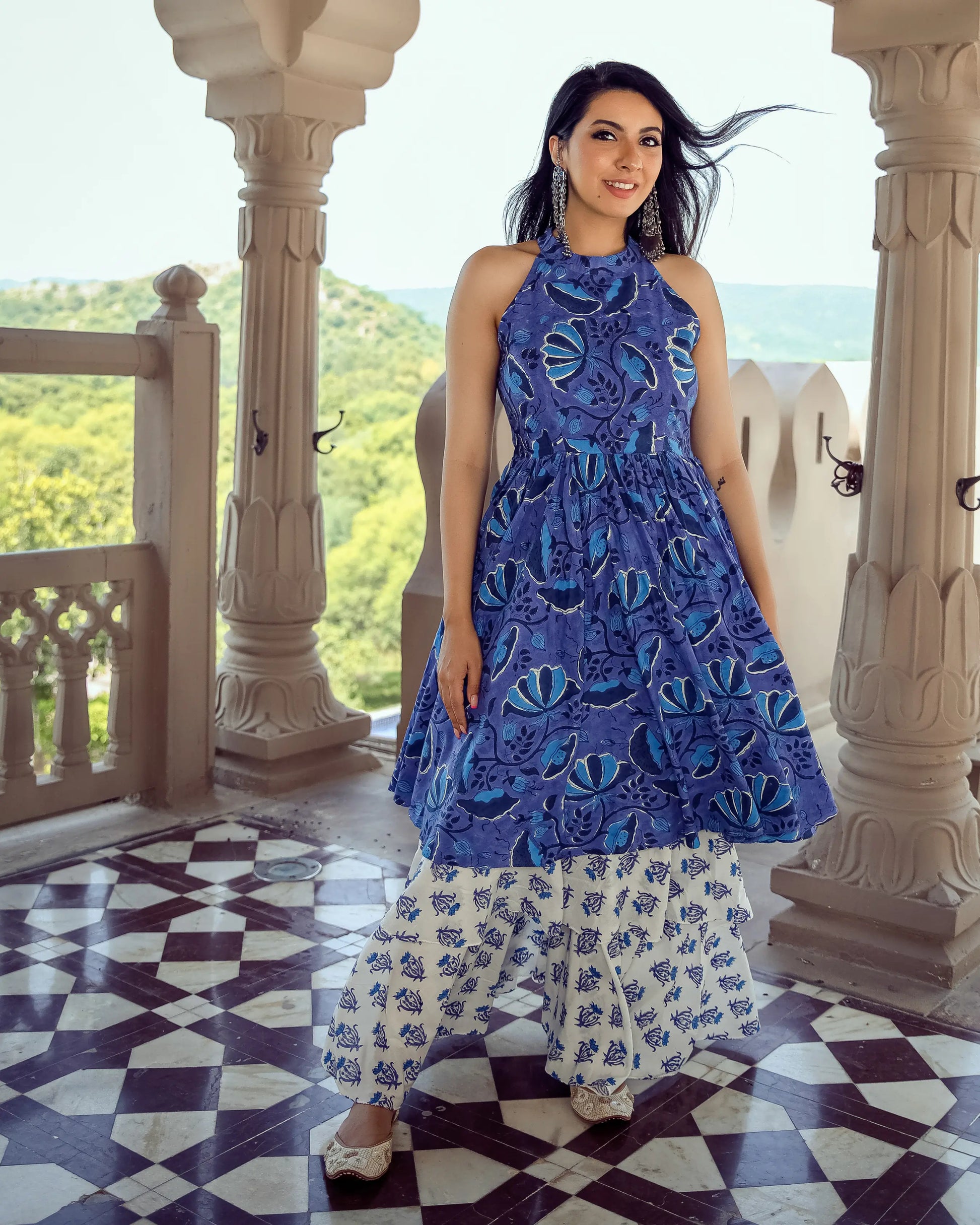 Oxford Blue Handblock Kurta Set My Store