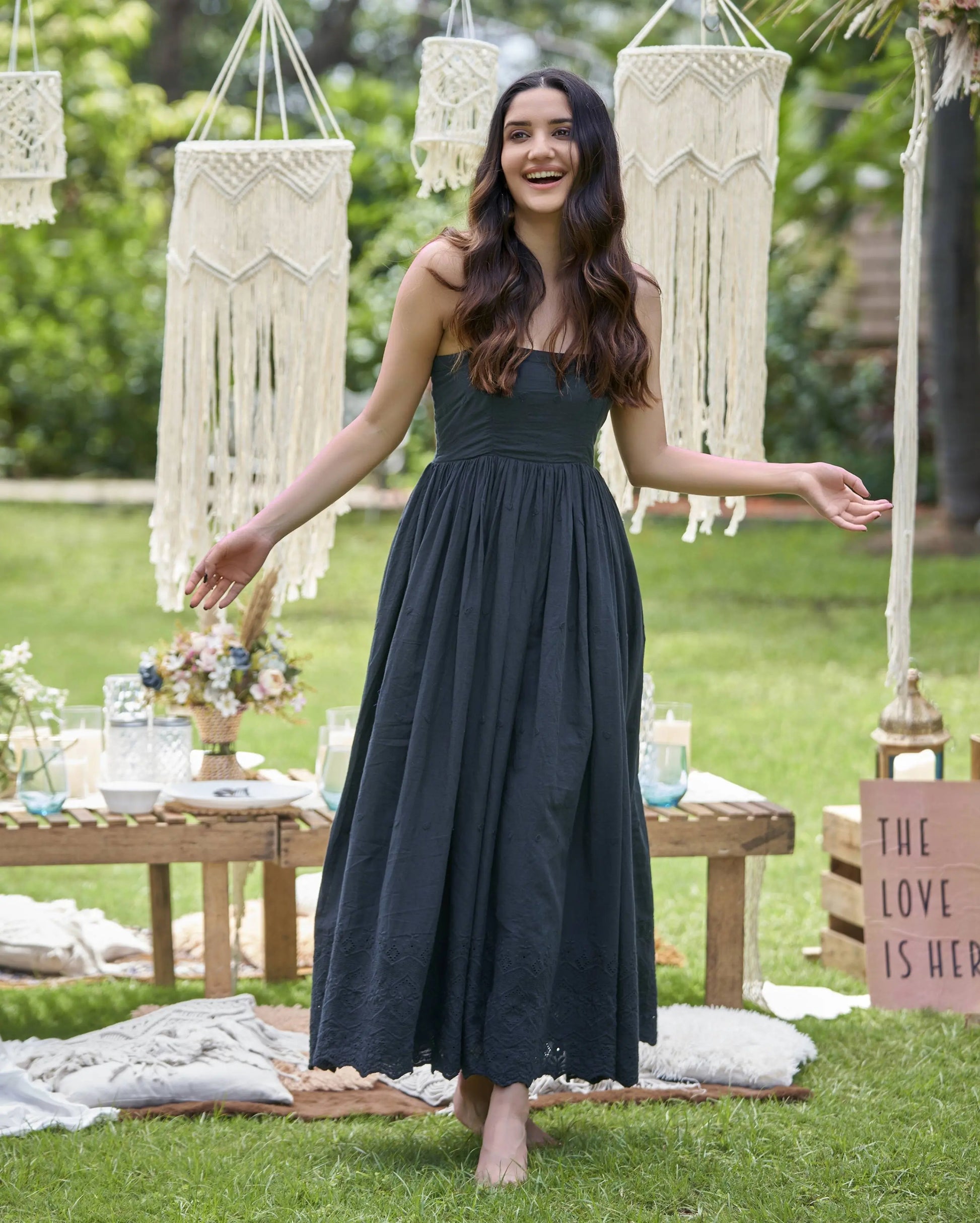 Canary Black Solid Cotton Schiffli Dress My Store