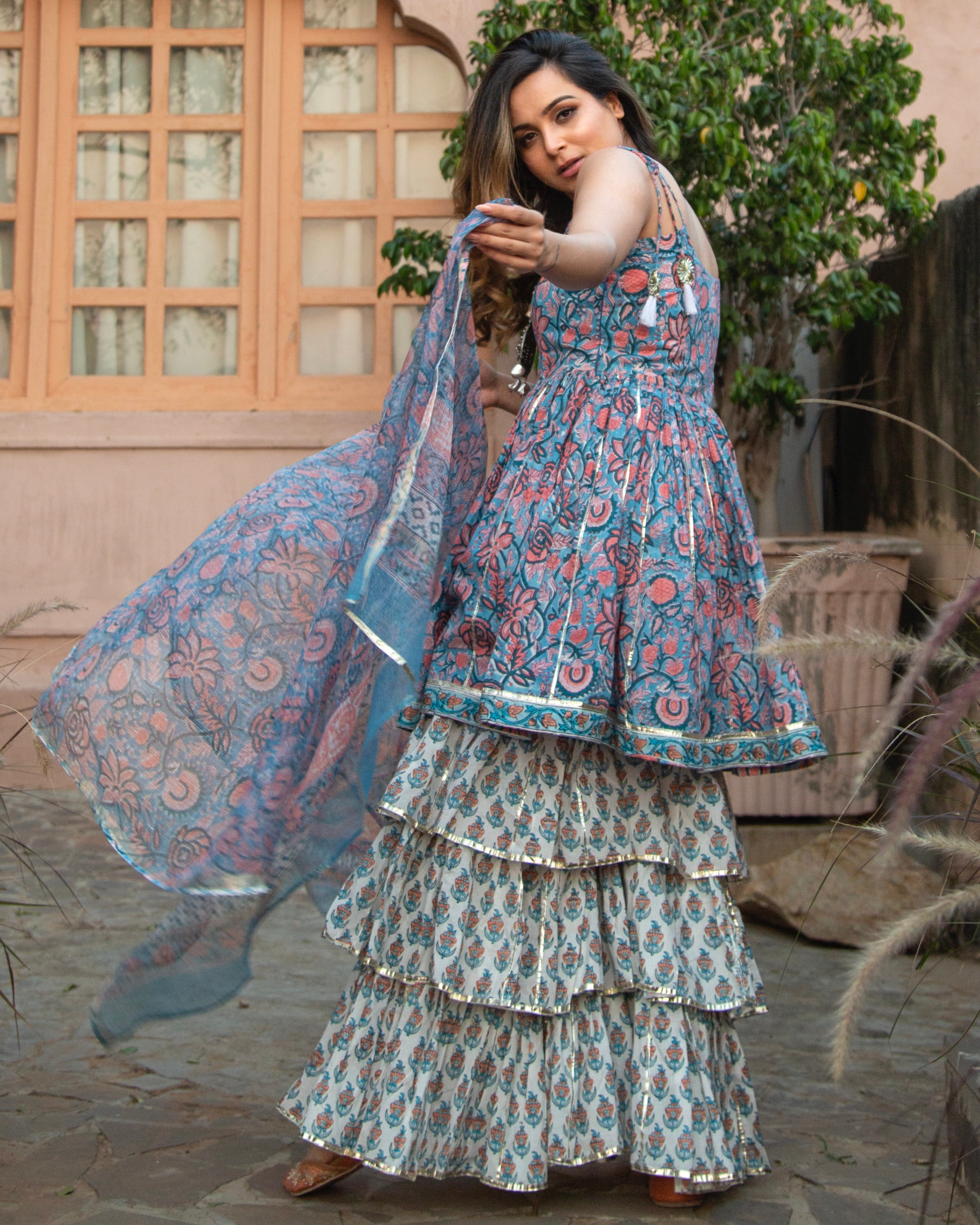 BLUE HEAVEN HANDBLOCK SHARARA SET My Store