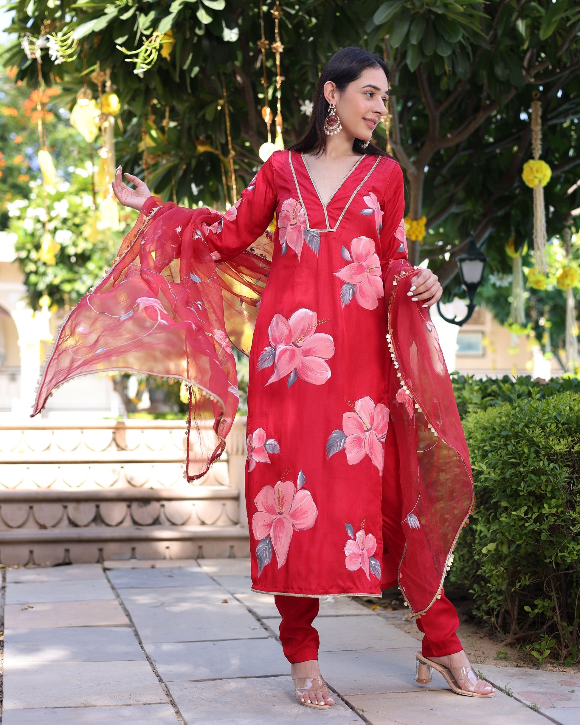 Raspberry Blush Red Handpainted Satin Suit Set Quick Cart