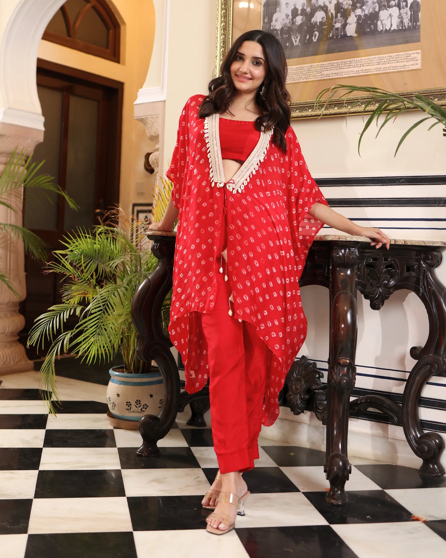 Flaming Red Bandhani Silk Coord Set My Store