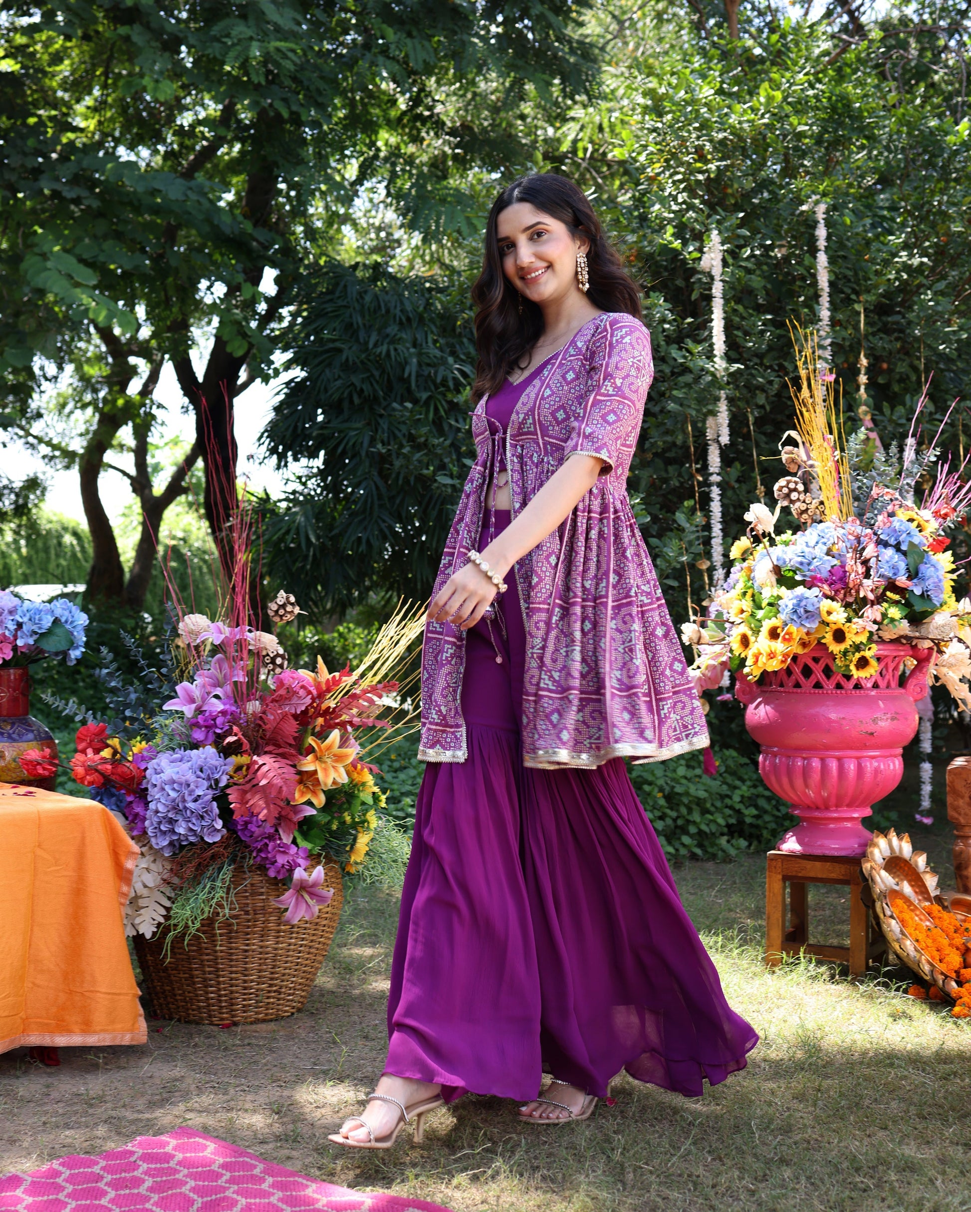 Geometric Purple Elegance Printed Satin Sharara Set Quick Cart