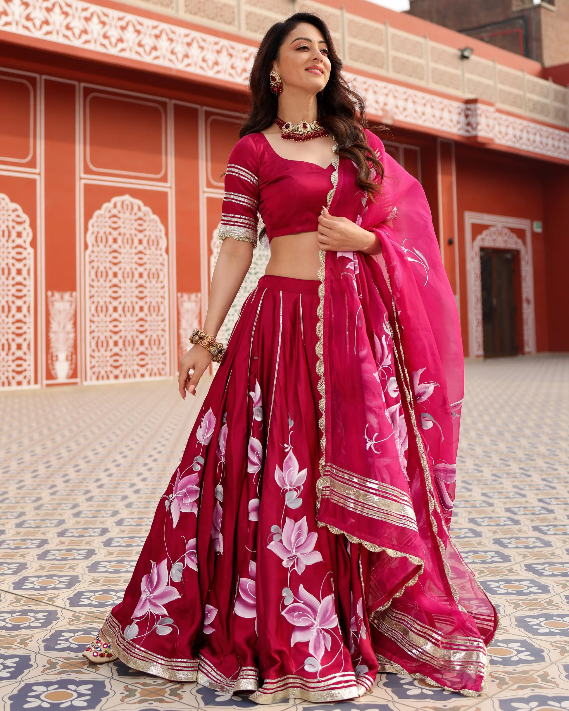 Magenta Pink Handpainted Lehenga Set My Store
