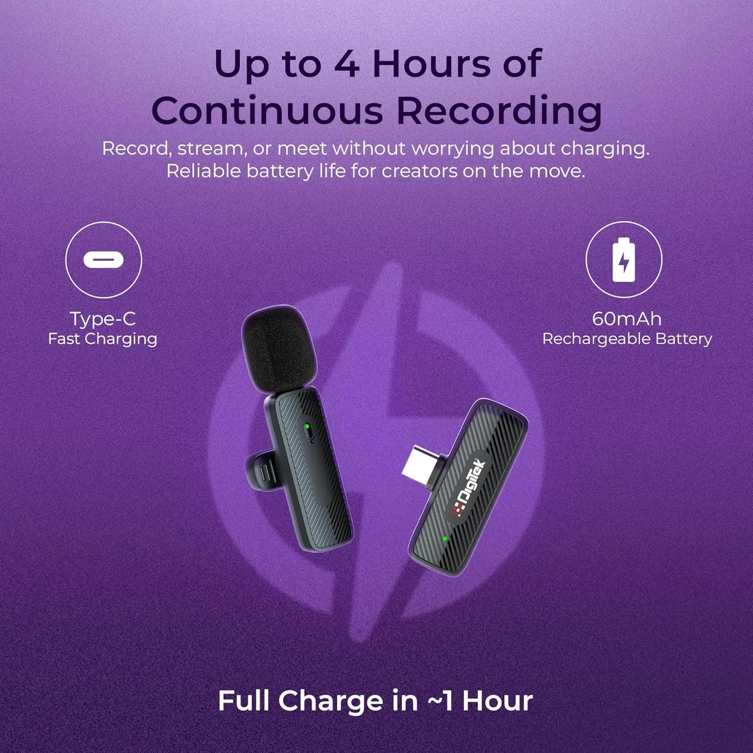 Digitek DWM-006 PRO Wireless Microphone & Receiver with Type-C Connector, 2.4GHz Frequency, 4Hr Battery, 20m Range, For Android Phone