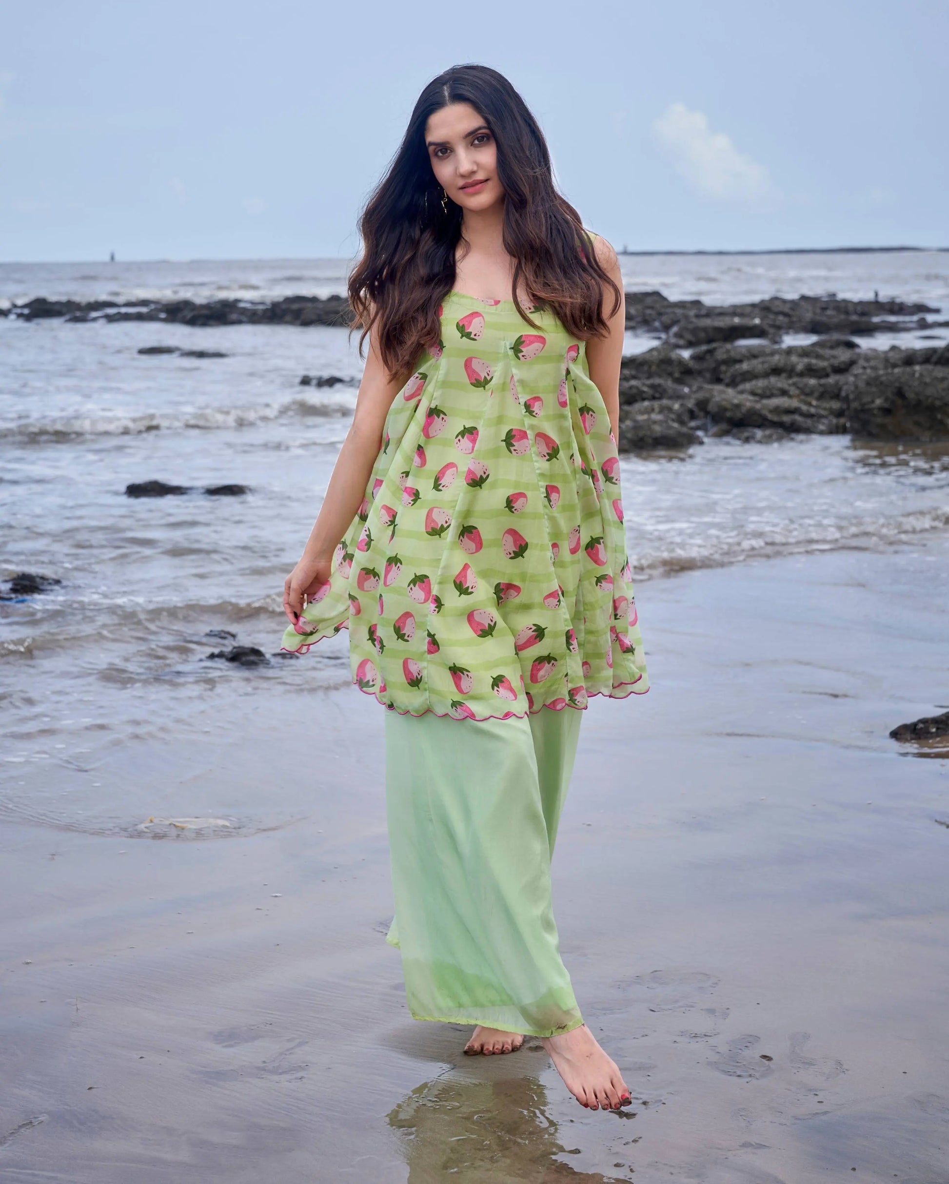 Sundae Light Green Printed Silk Coord Set My Store