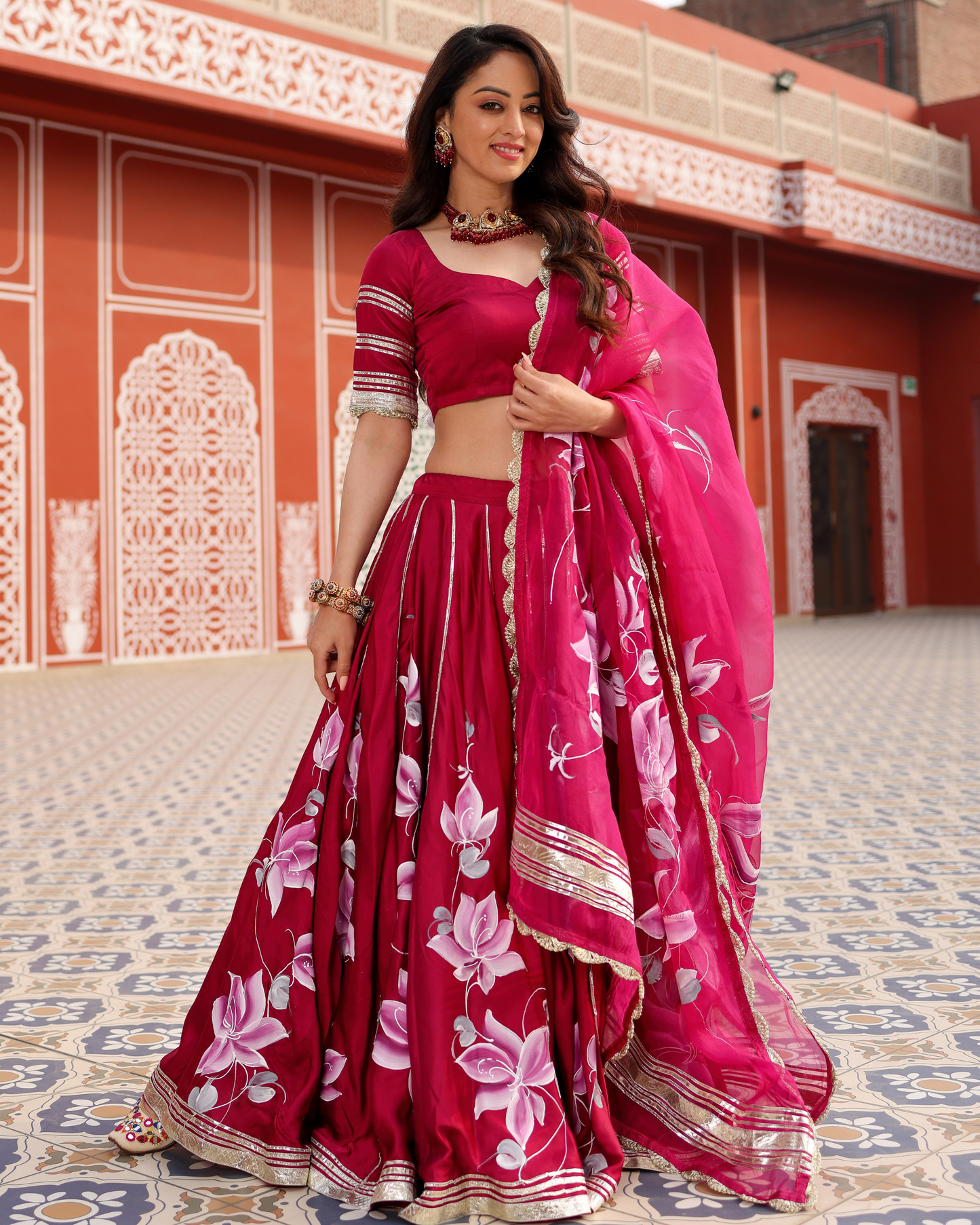 Magenta Pink Handpainted Lehenga Set Quick Cart