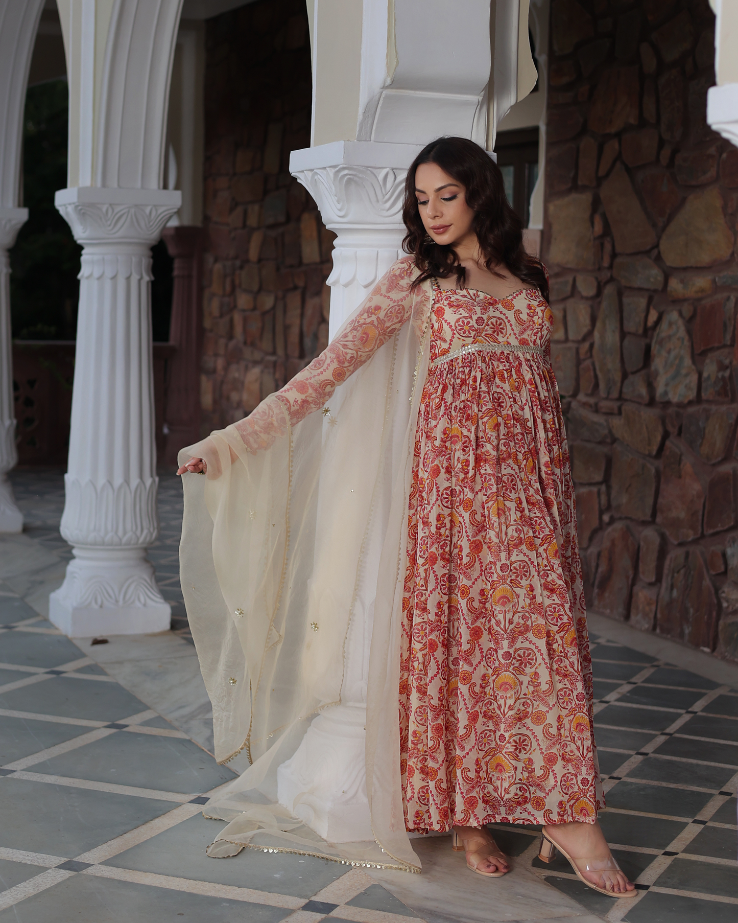 Marigold Cream Delight Printed Georgette Suit Set Quick Cart