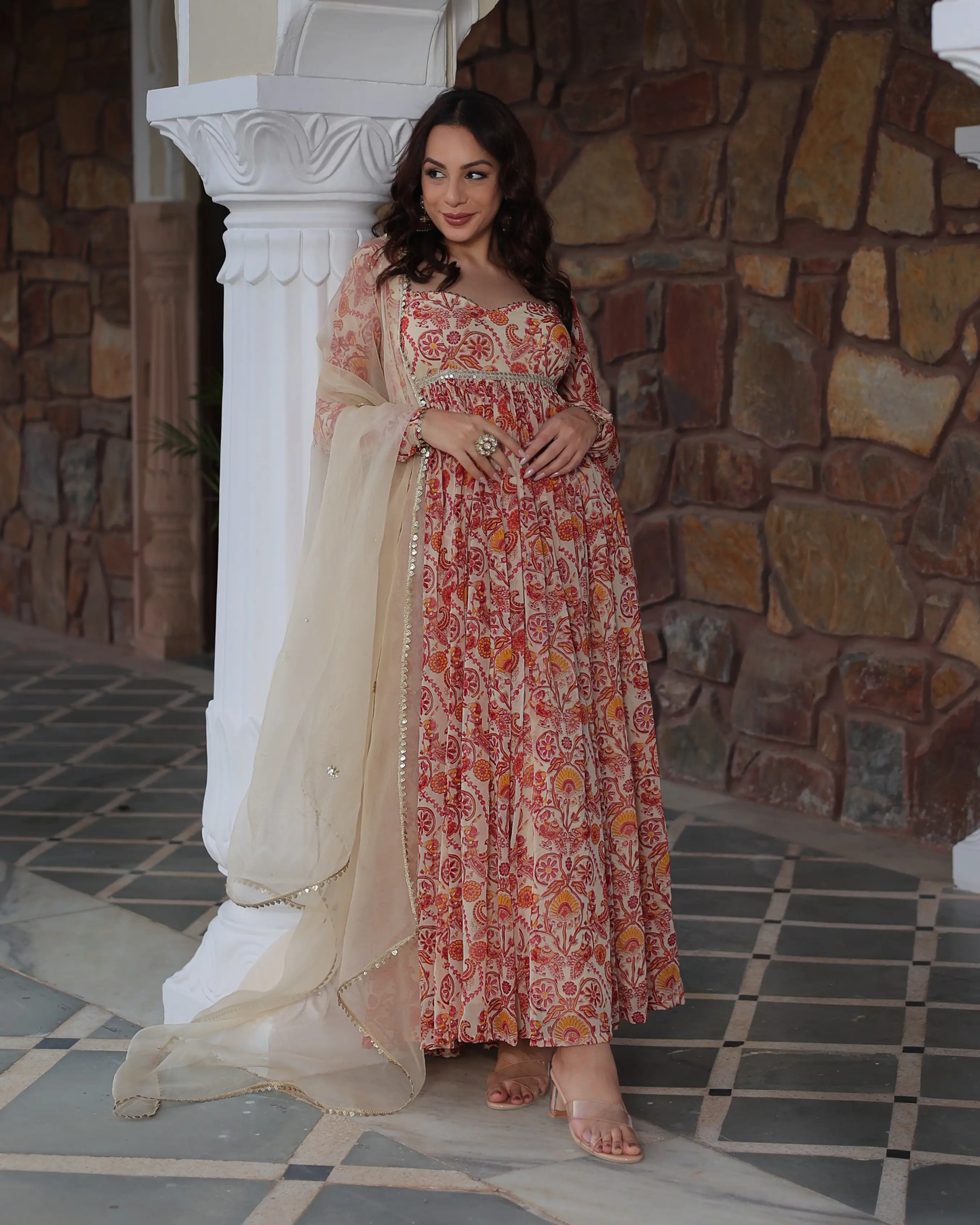 Marigold Cream Delight Printed Georgette Suit Set My Store