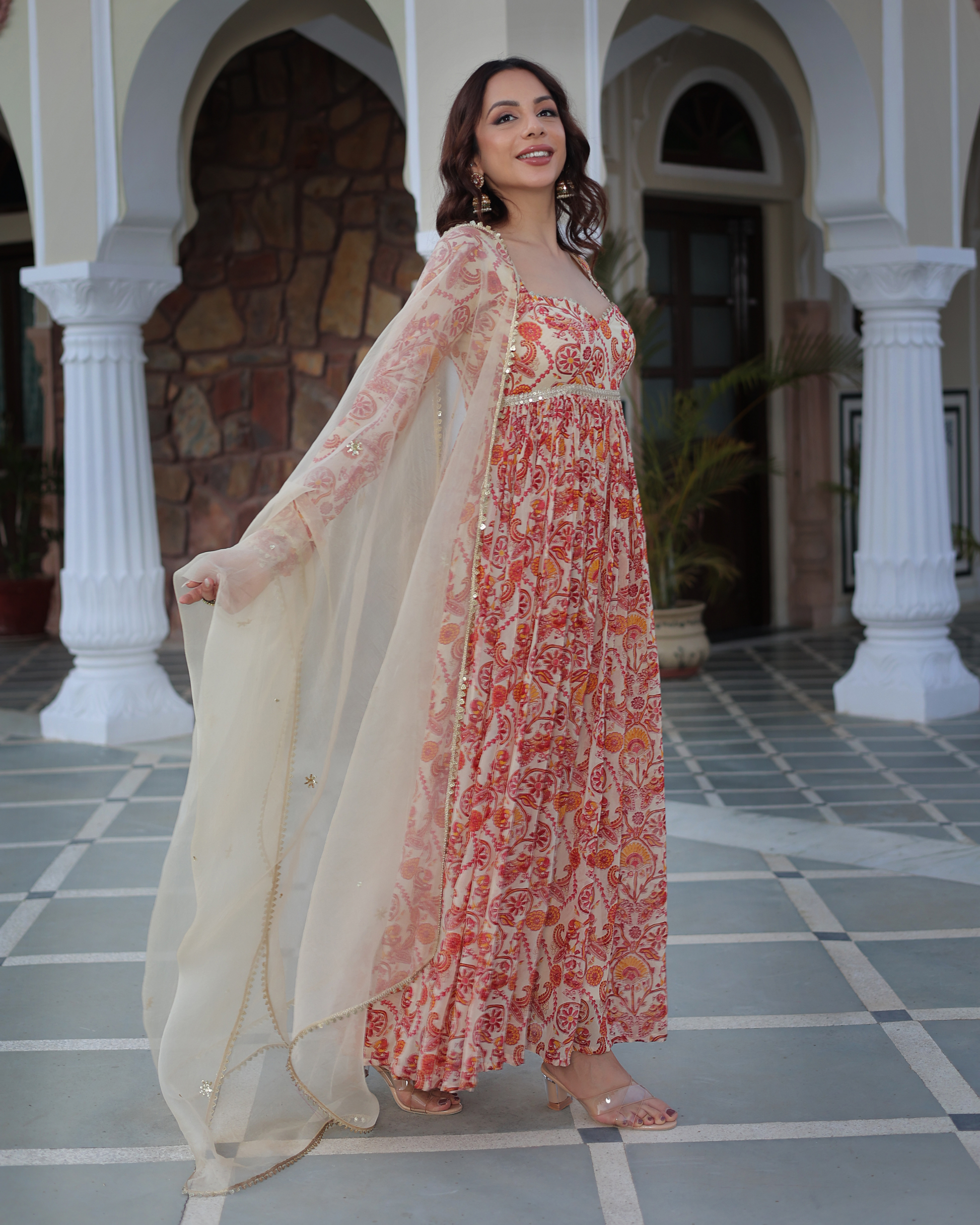 Marigold Cream Delight Printed Georgette Suit Set Quick Cart