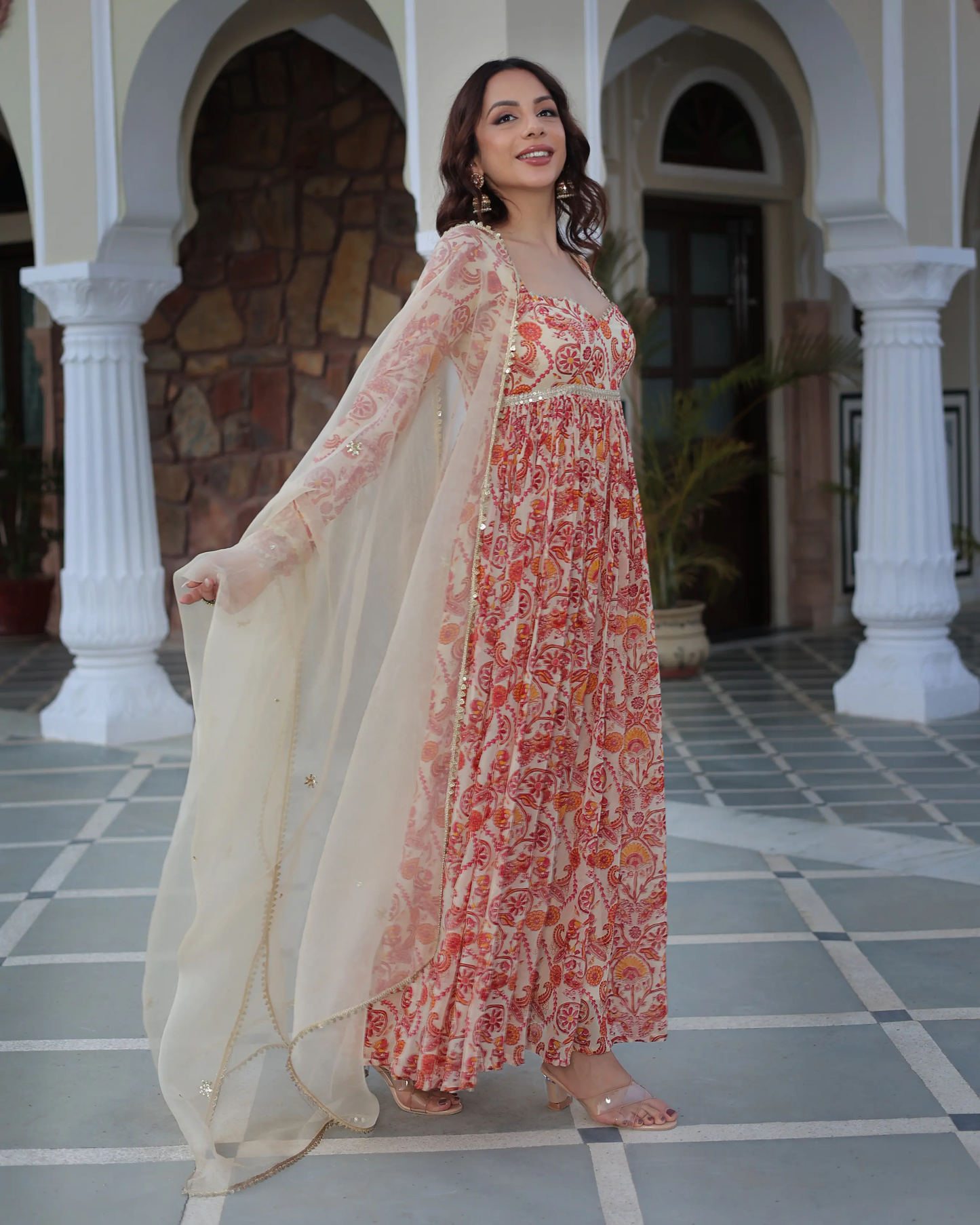 Marigold Cream Delight Printed Georgette Suit Set My Store
