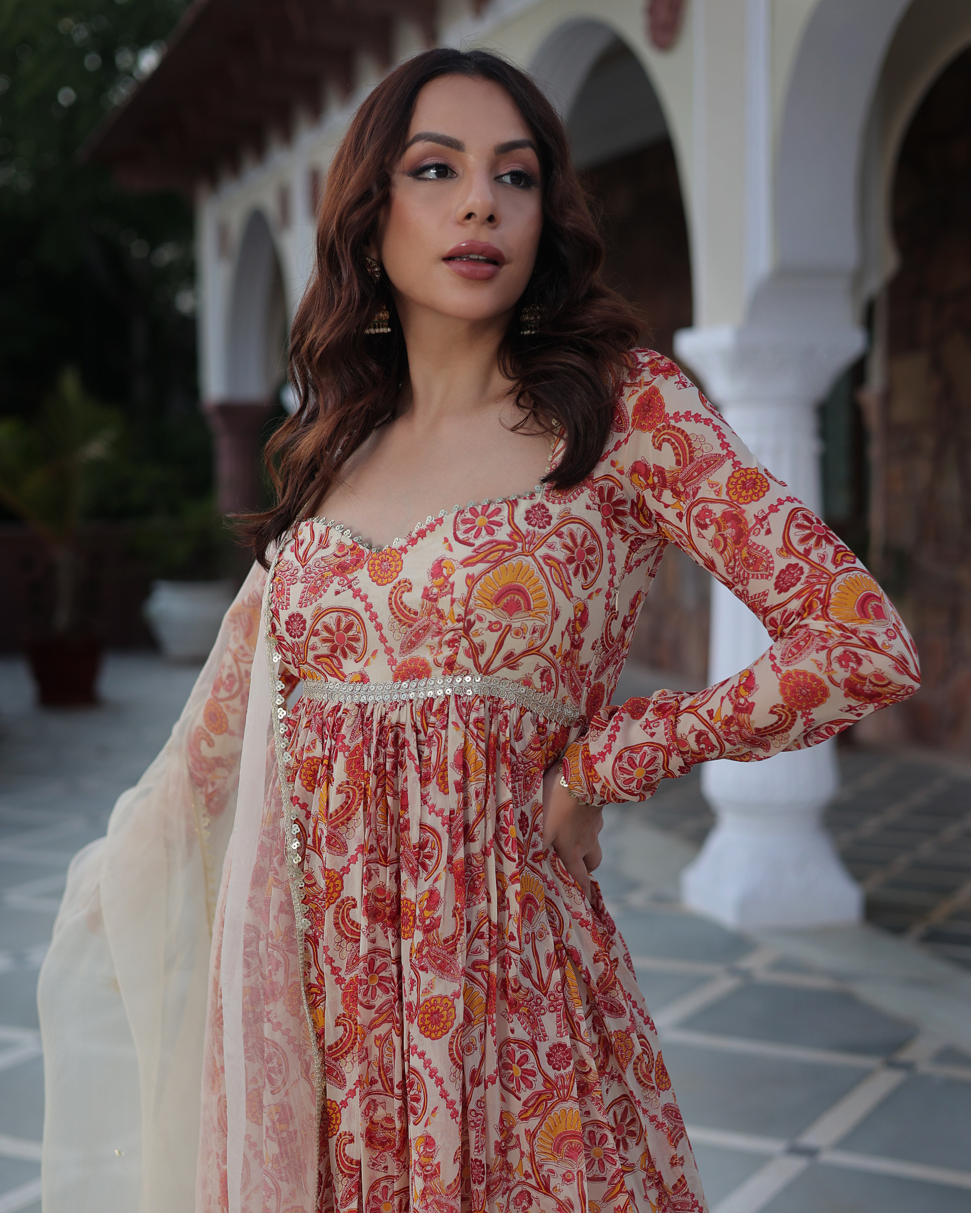 Marigold Cream Delight Printed Georgette Suit Set Quick Cart