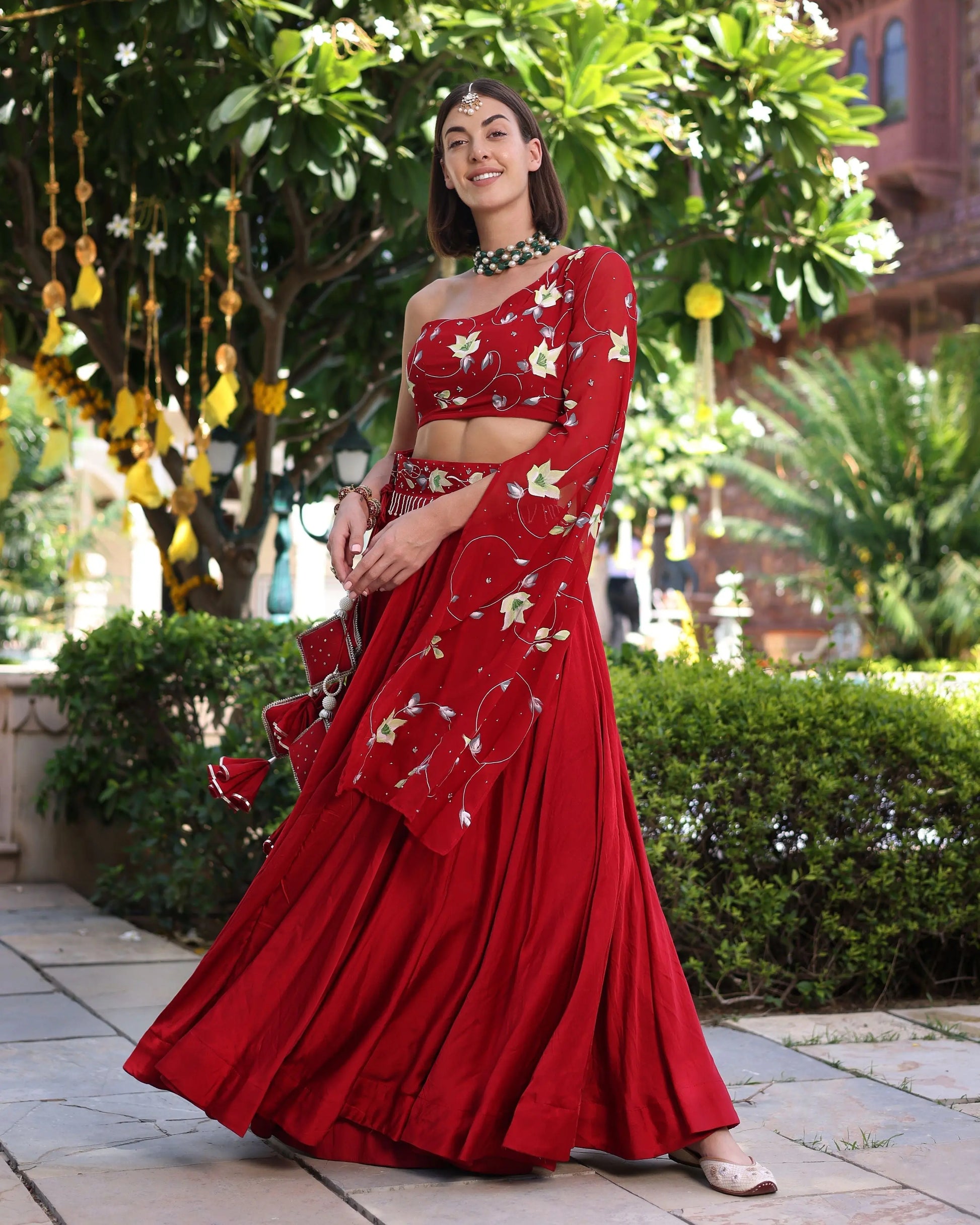 Rutvi Red Handpainted Satin Lehenga Set My Store