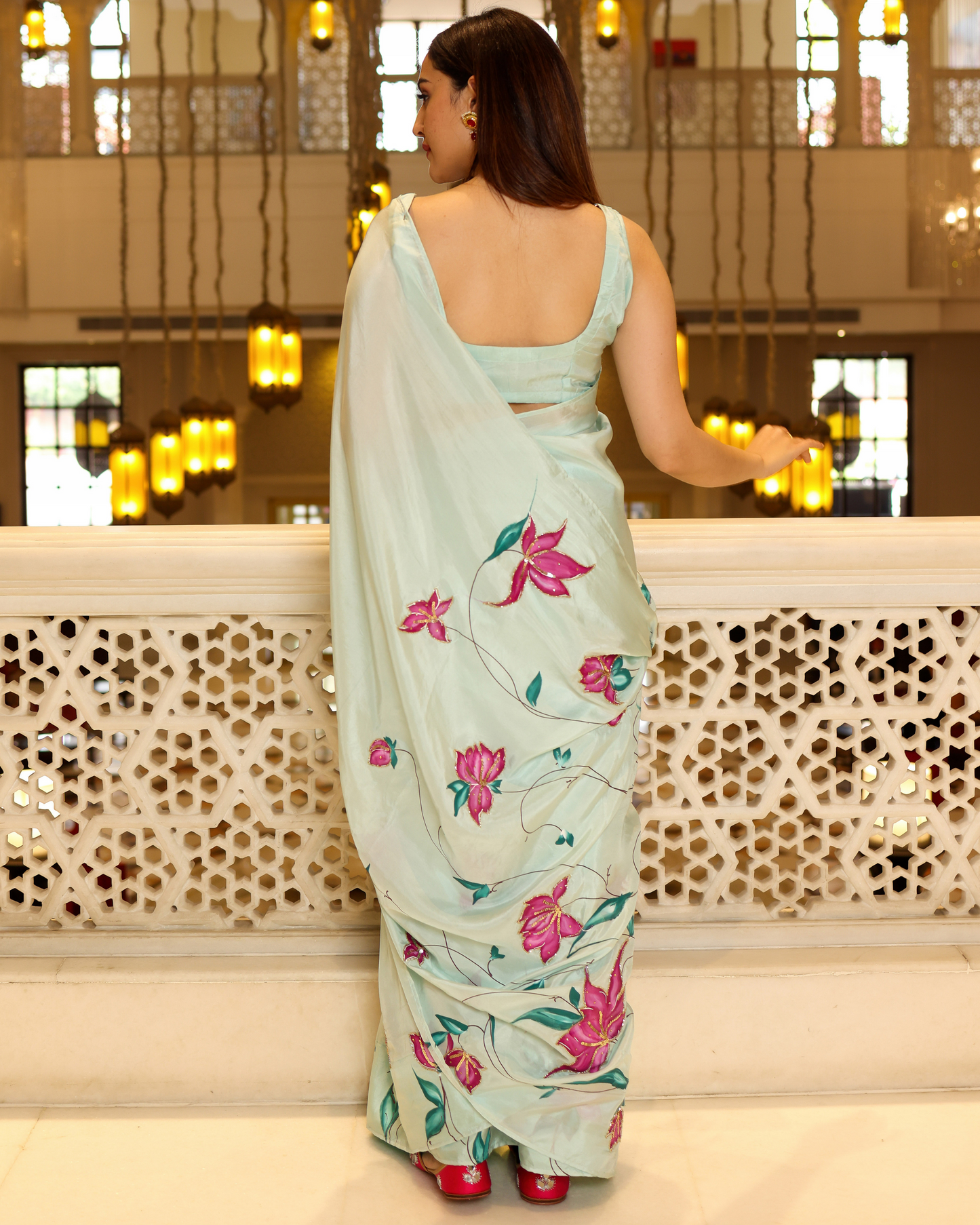 Green Cardamom Handpainted Silk Saree My Store