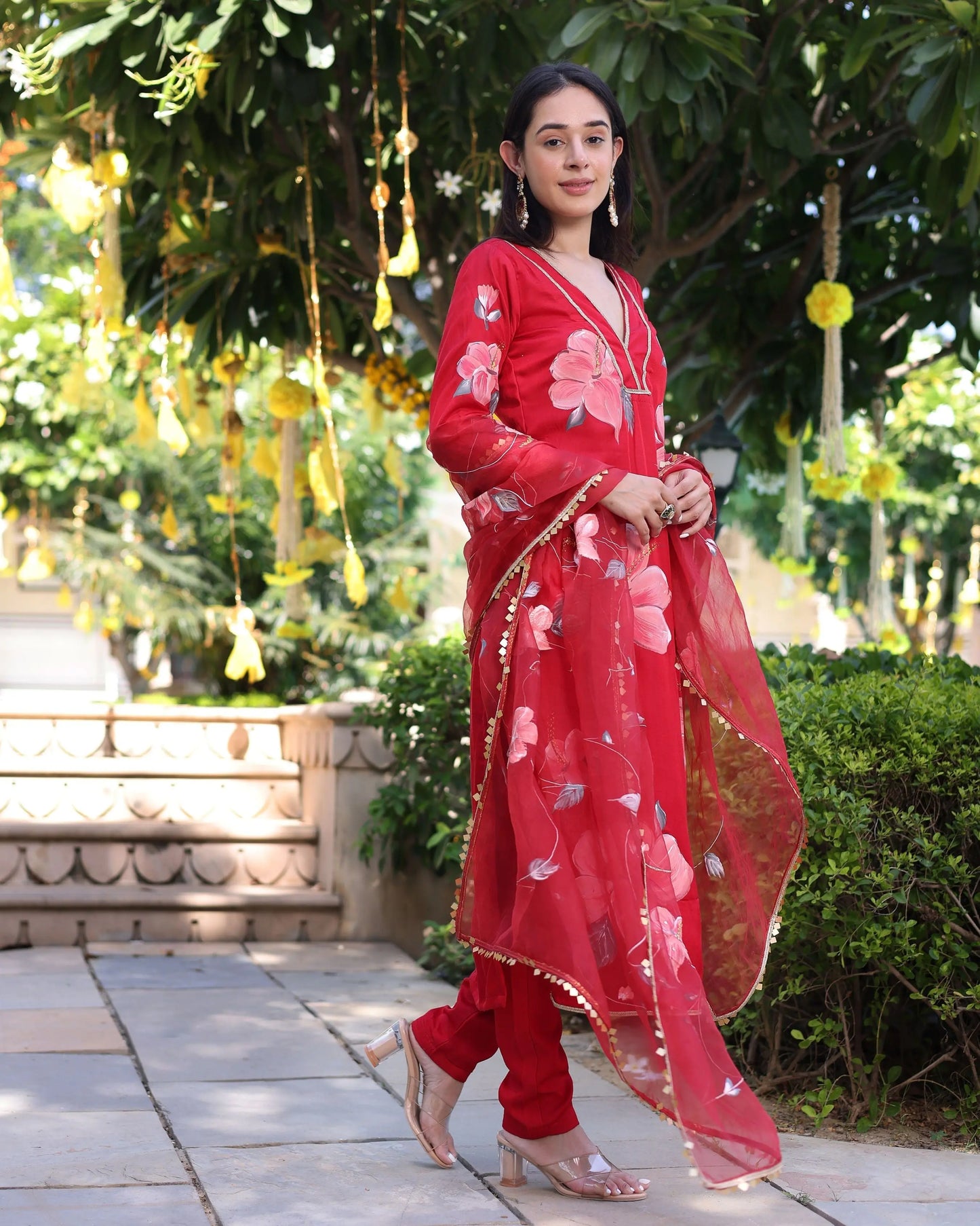 Raspberry Blush Red Handpainted Satin Suit Set My Store