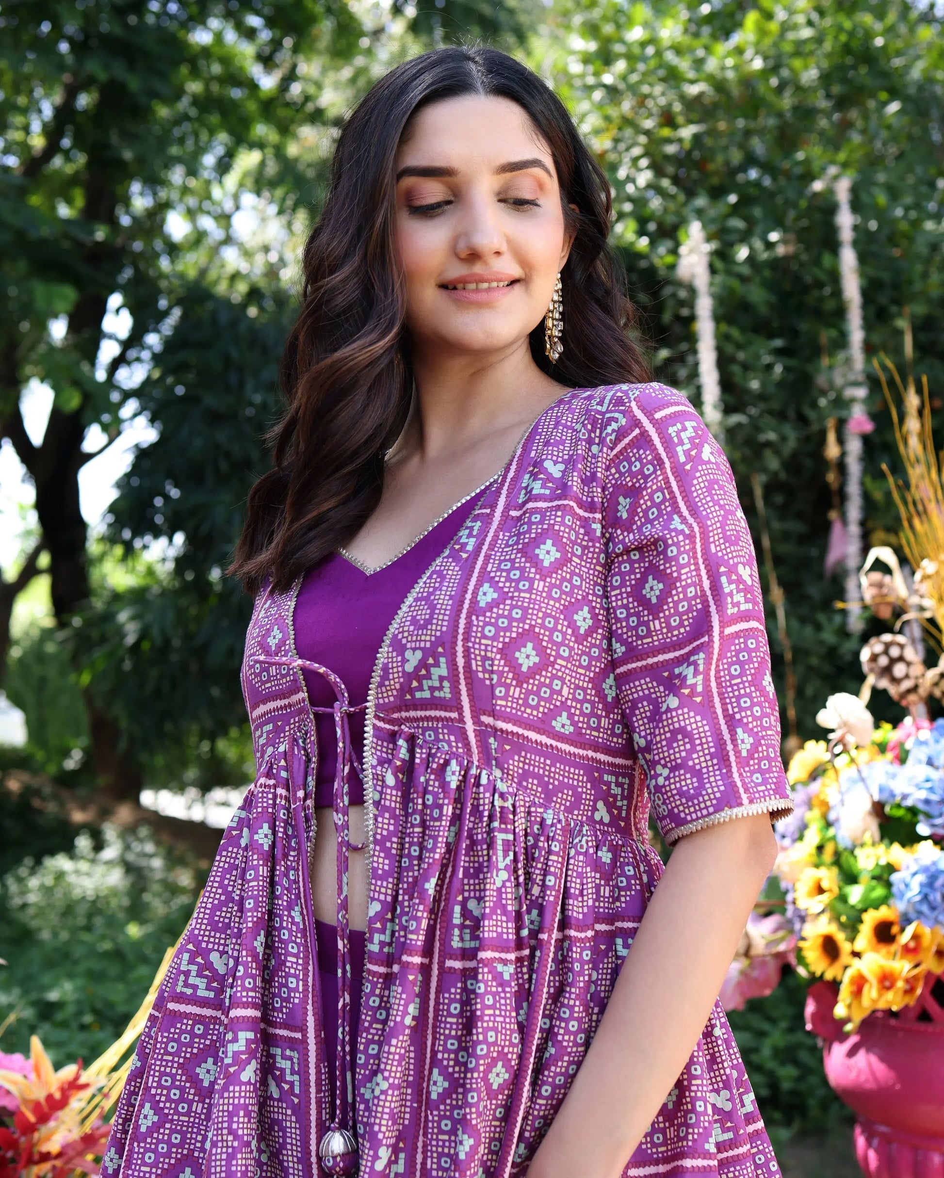 Geometric Purple Elegance Printed Satin Sharara Set My Store