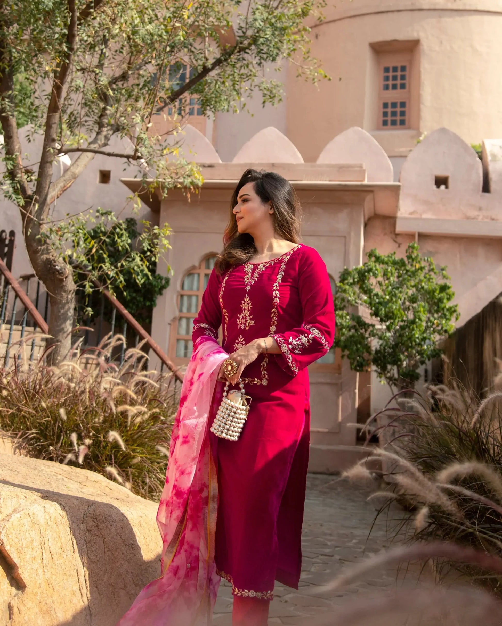 Pink Paradise Velvet Handcrafted Suit Set My Store